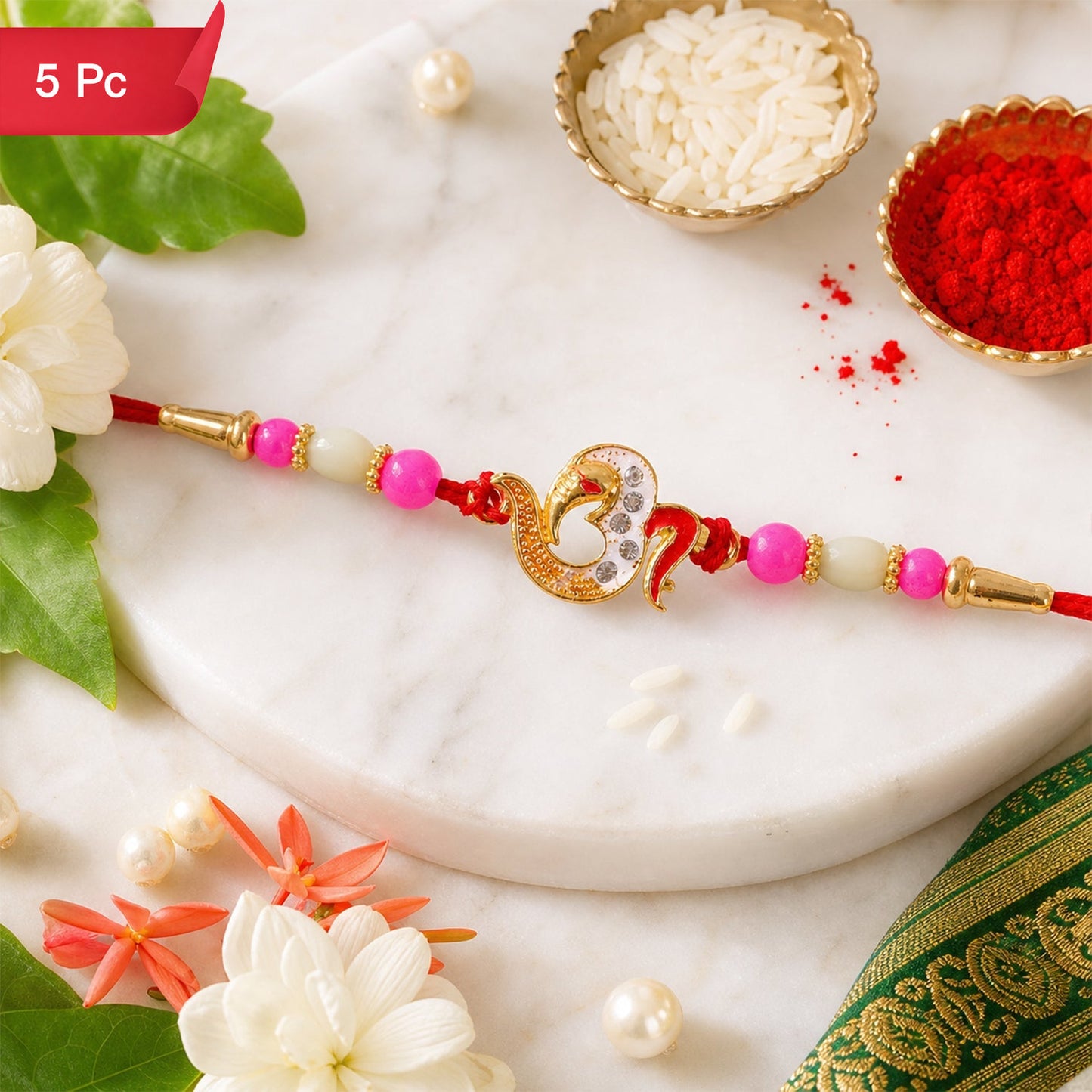 Om Charm Beaded Rakhi Traditional Design for Brother (5pcs)