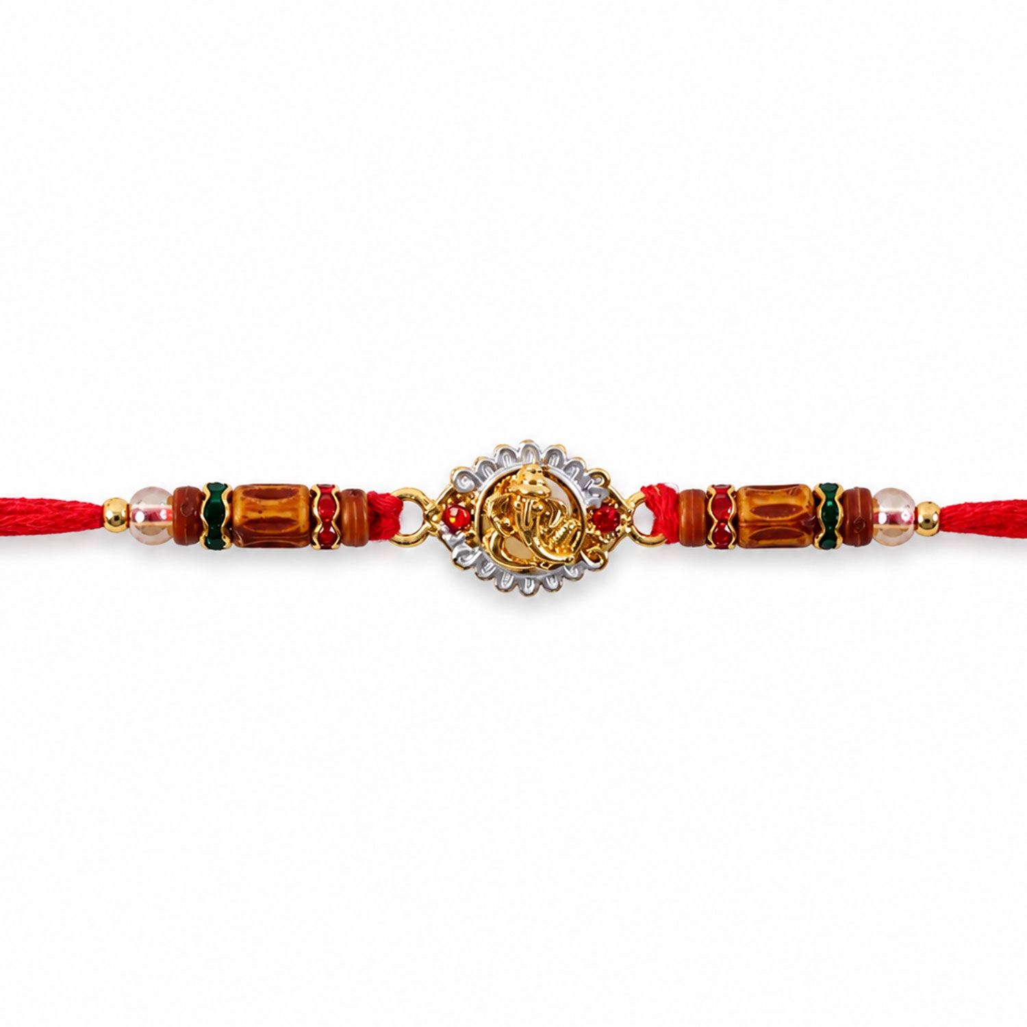 Ganesha Silver Ring Devotional Rakhi with Circular Centre and Red Green Beads