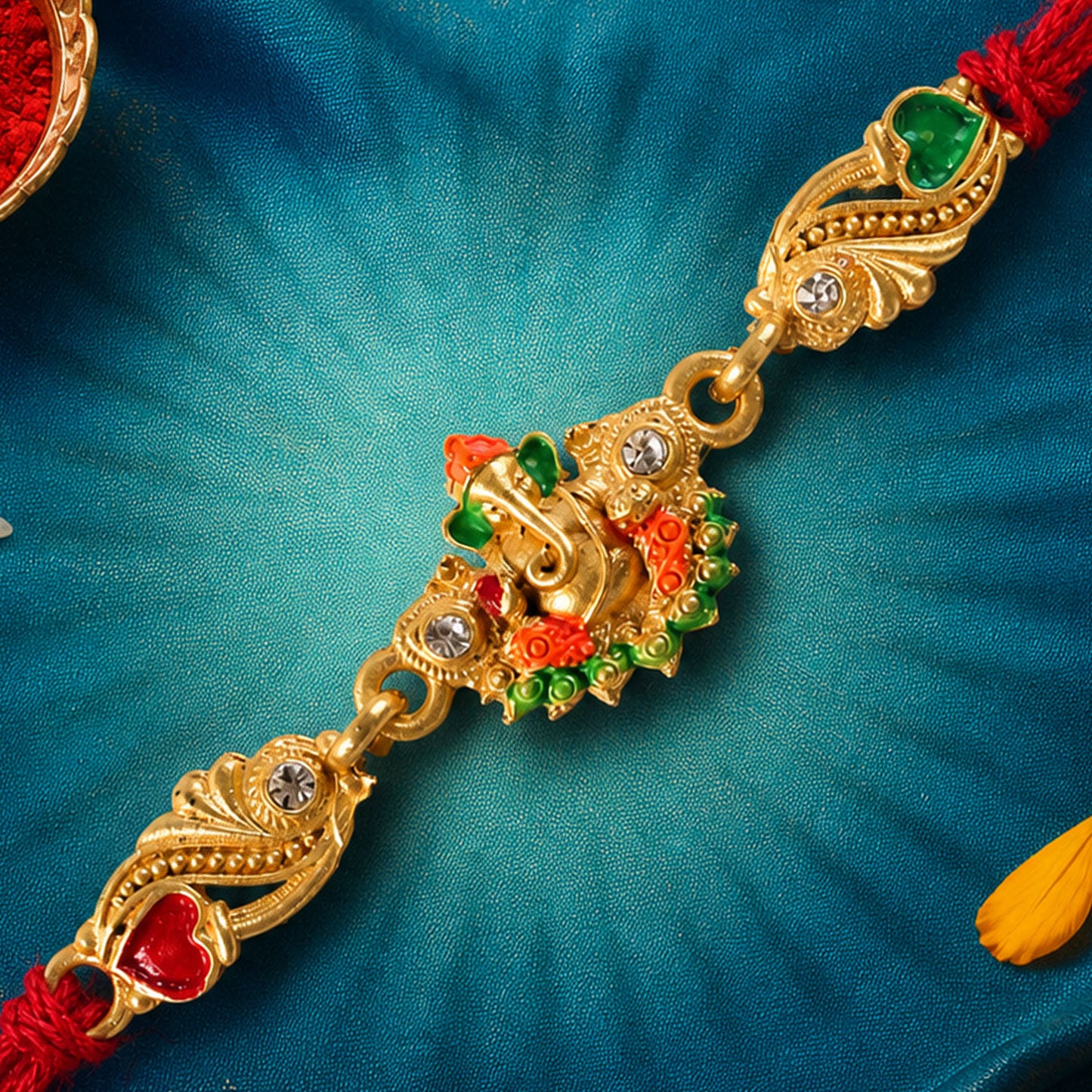 Gold-Toned Lord Ganesha Rakhi with Orange-Green Enamel, Crystal Accents & Red Thread