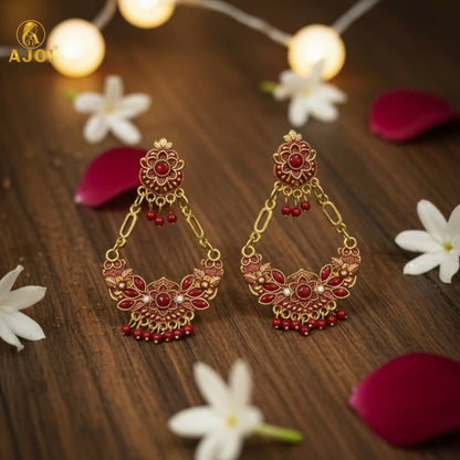 Antique Gold-Plated Red Stone Floral Chandbali Earrings for Women