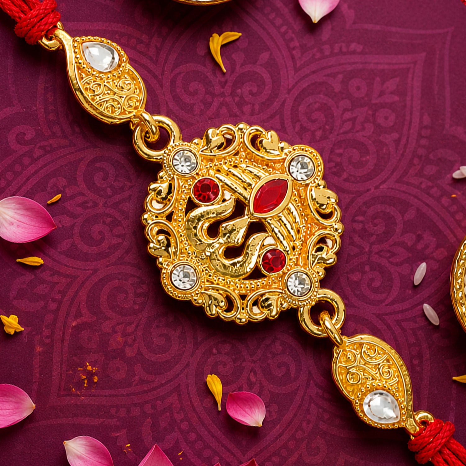 Festive Rakhi featuring Ornate Floral Medallion, pearl accents and bead line for Gift