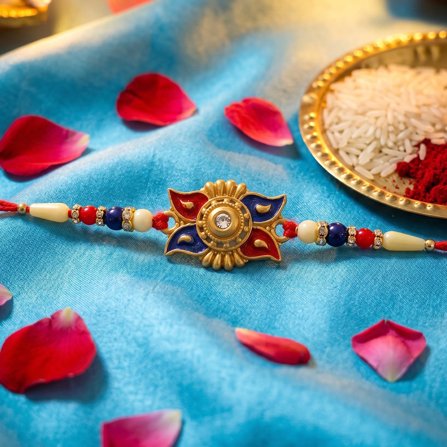 Gold Sunburst Rakhi with Blue Red Beads and Pearl Accents