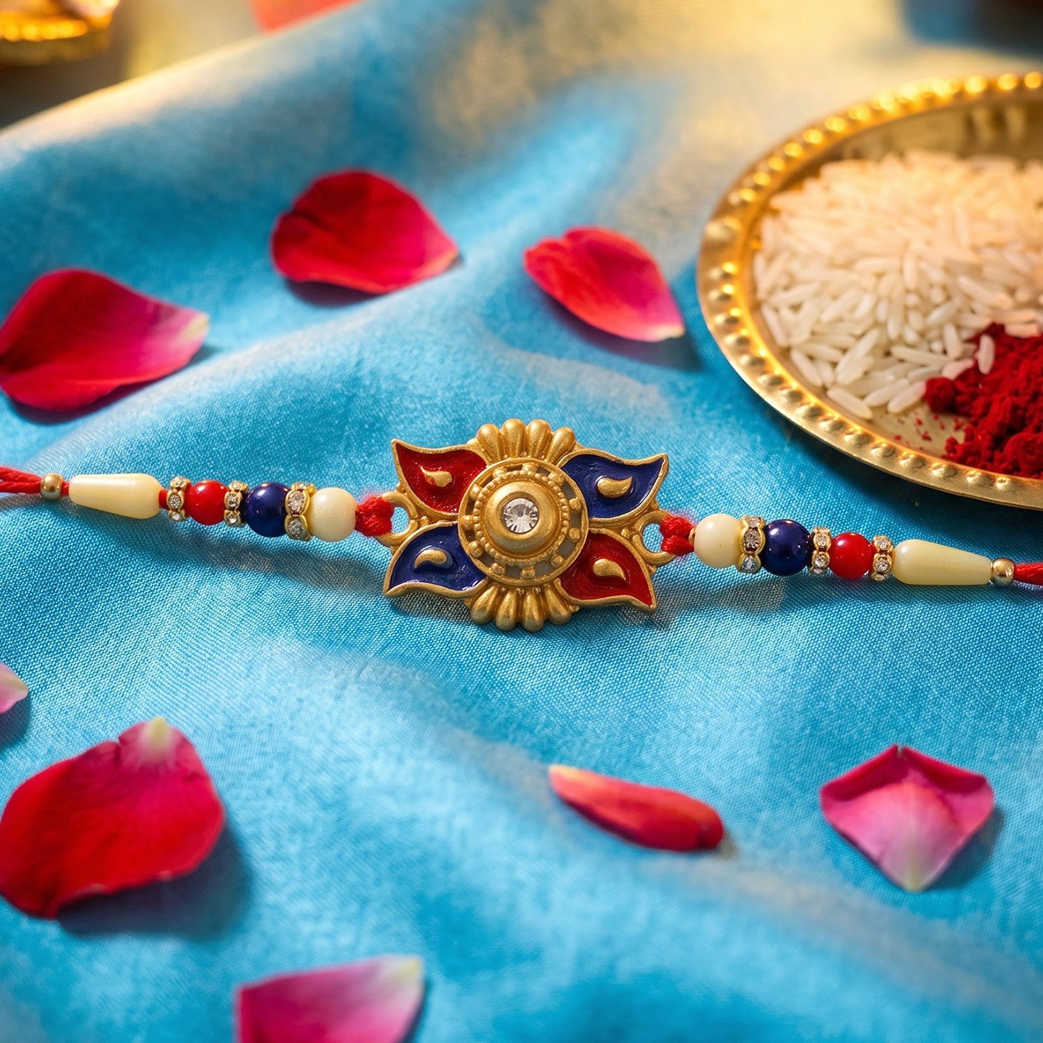 Gold Sunburst Rakhi with Blue Red Beads and Pearl Accents