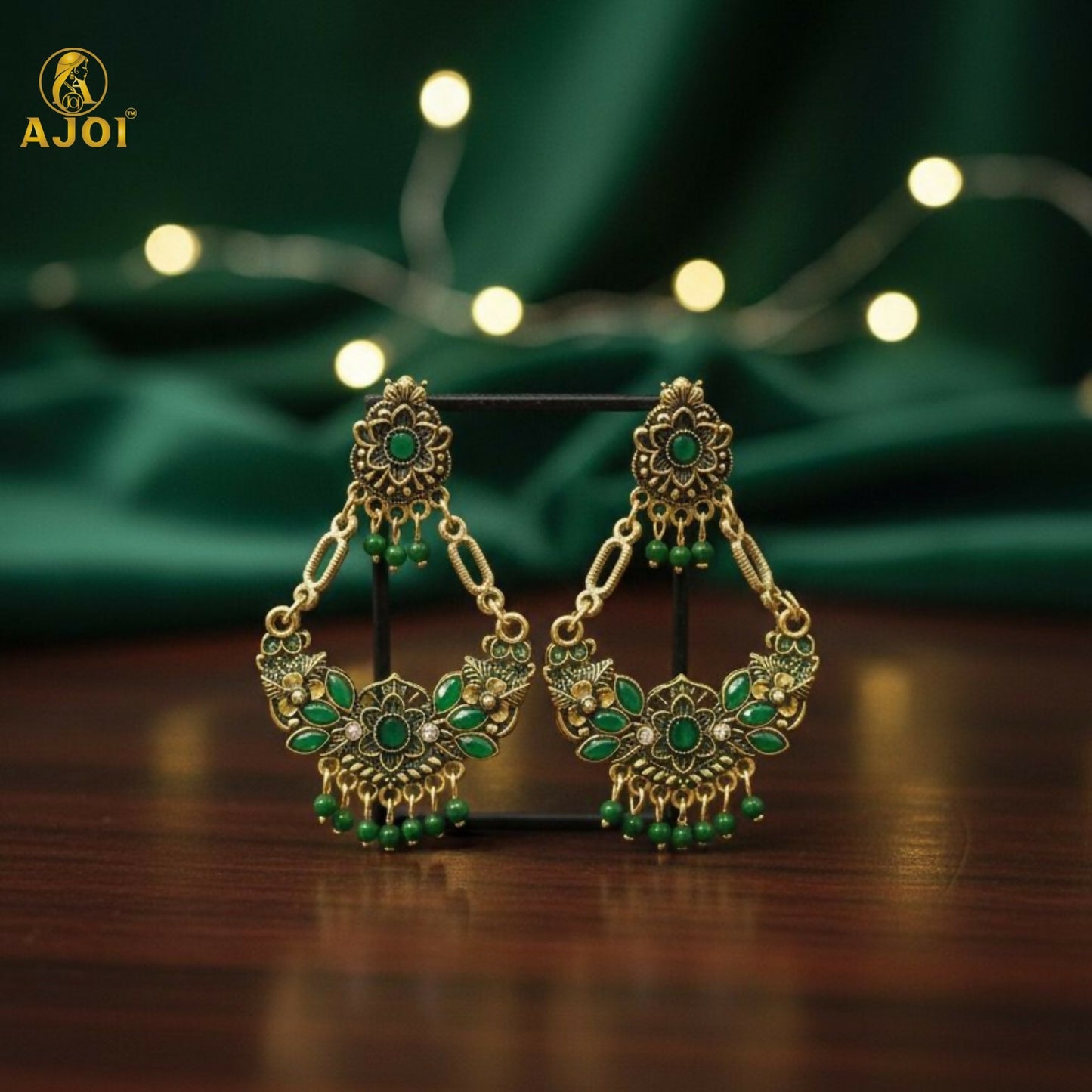 Antique Gold-Plated Green Stone Floral Chandbali Earrings for Women