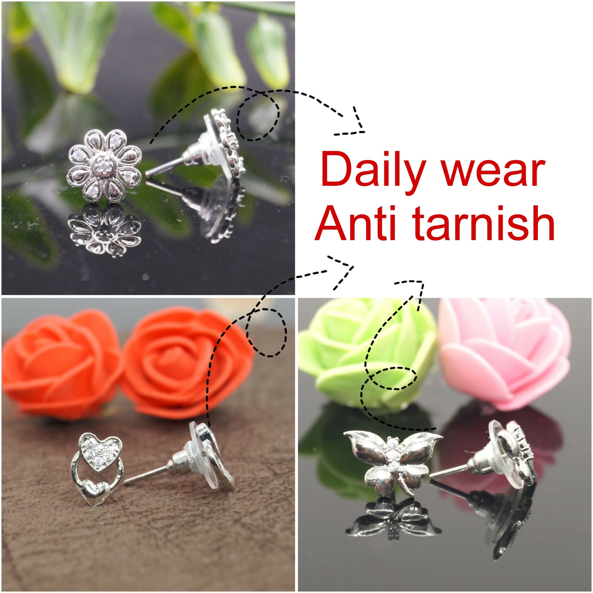 Gold-plated flower stud earrings with delicate cubic zirconia detailing for women