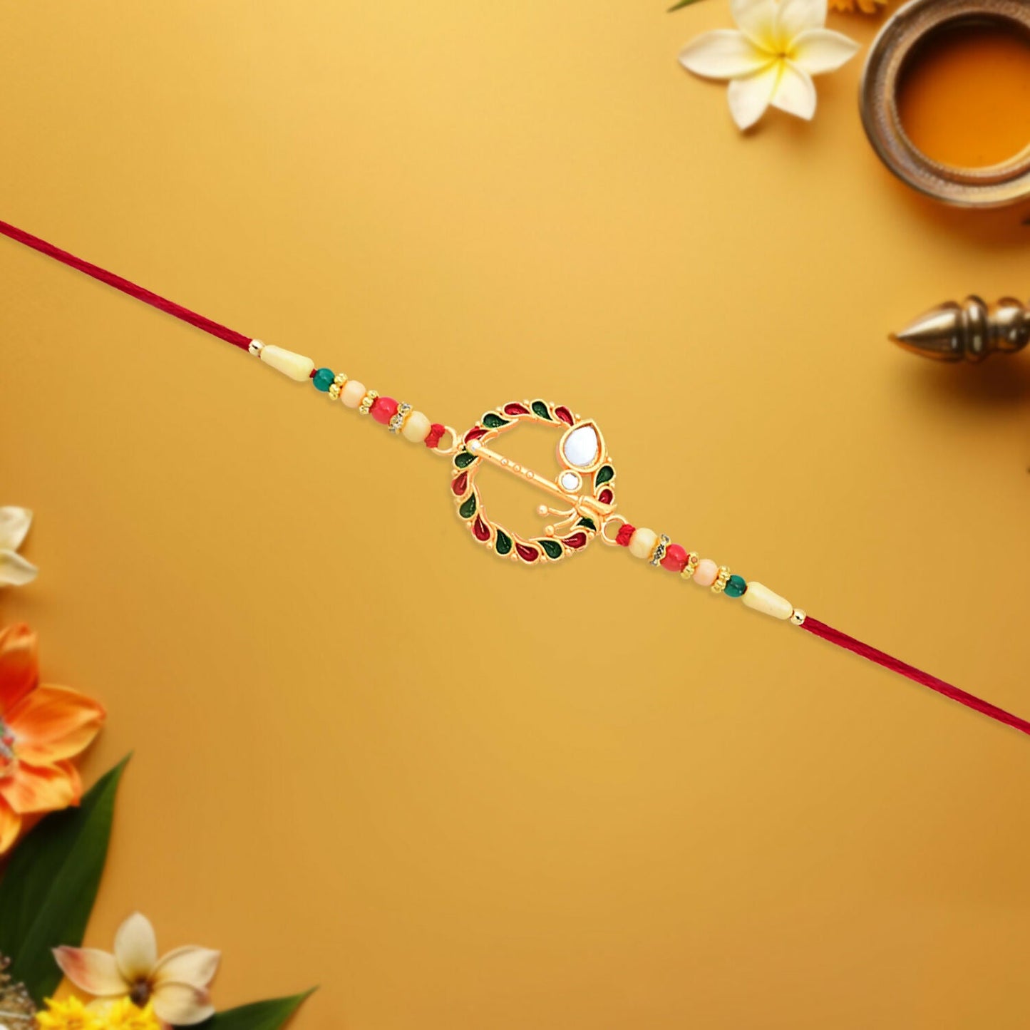 Krishna Flute Rakhi Traditional Design with Colorful Leaf Beads (10pcs)