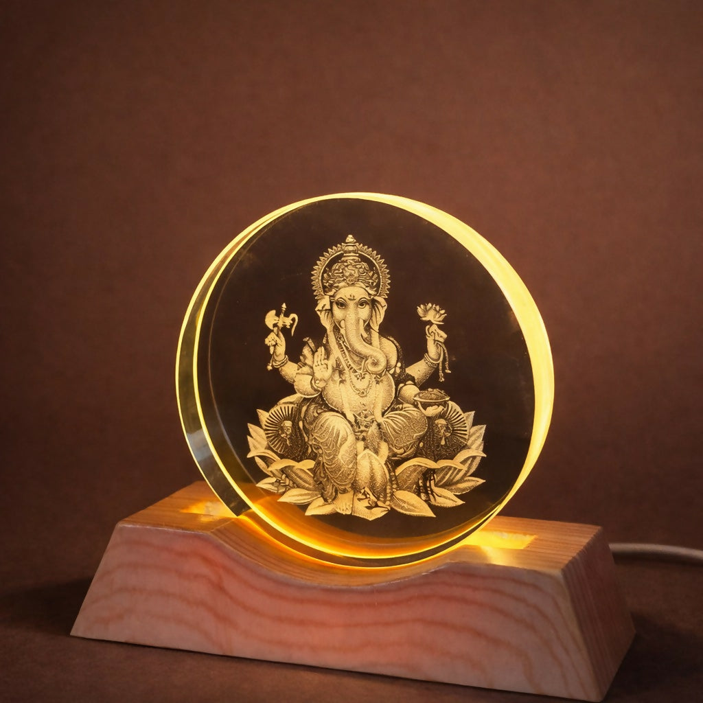 Ganesh Engraved Acrylic LED Night Lamp with Wooden Base for Home Decor