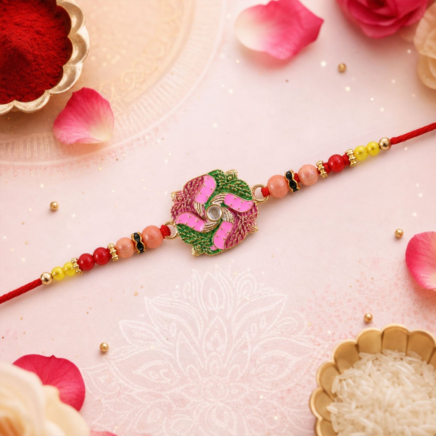 Round Swastik Stone Kundan Rakhi for Brother (5pcs)