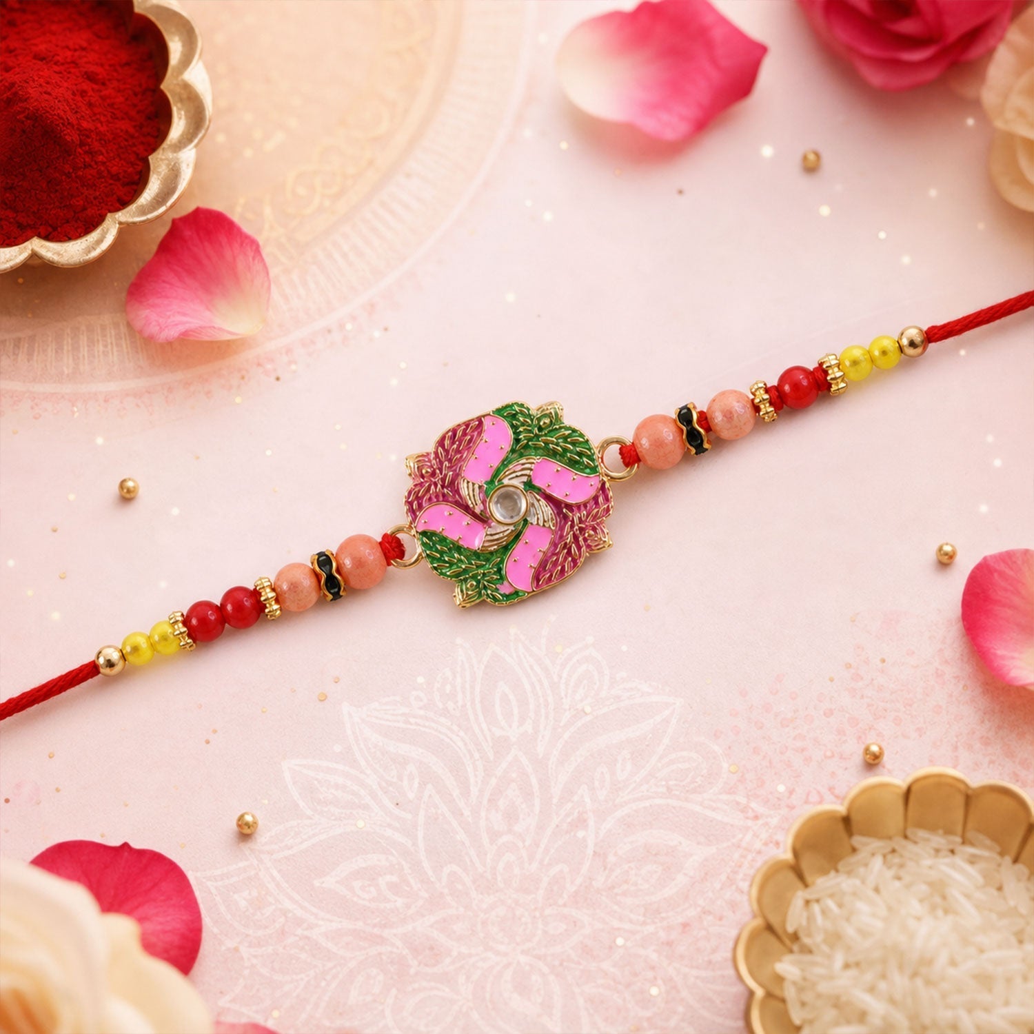 Round Swastik Stone Kundan Rakhi for Brother (5pcs)