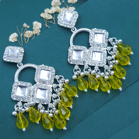 Elegant Silver Plated Chandelier Earrings Featuring Square Crystals and Yellow Teardrop Beads