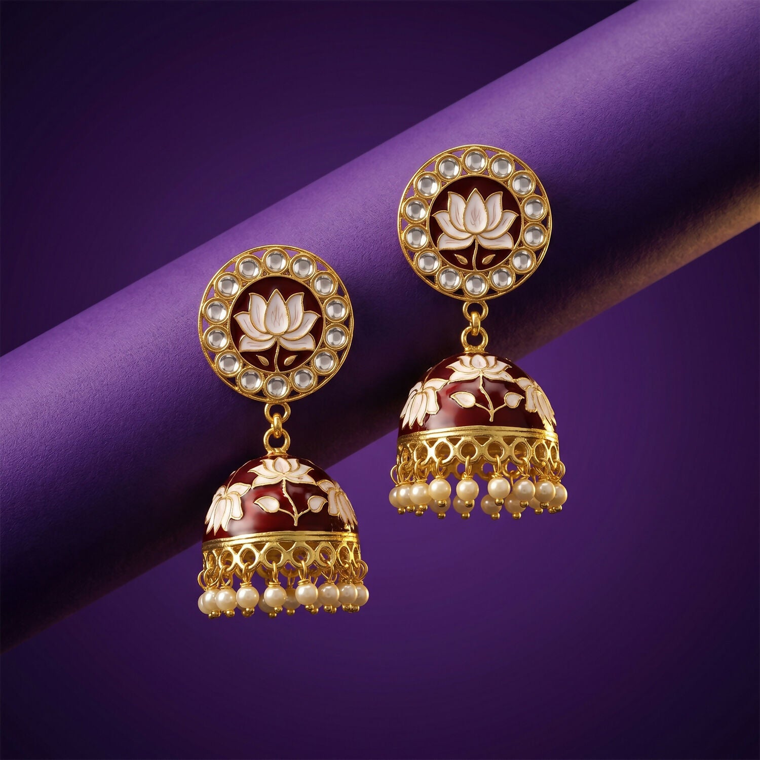 Maroon Lotus Design Gold-Tone Jhumka Earrings with Pearls