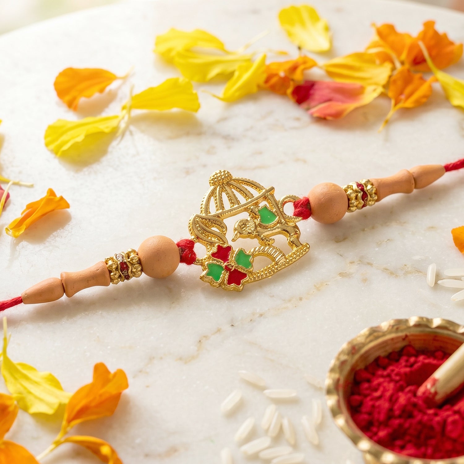 Golden Bow and Arrow Rakhi for Boys with Red Thread and Beads