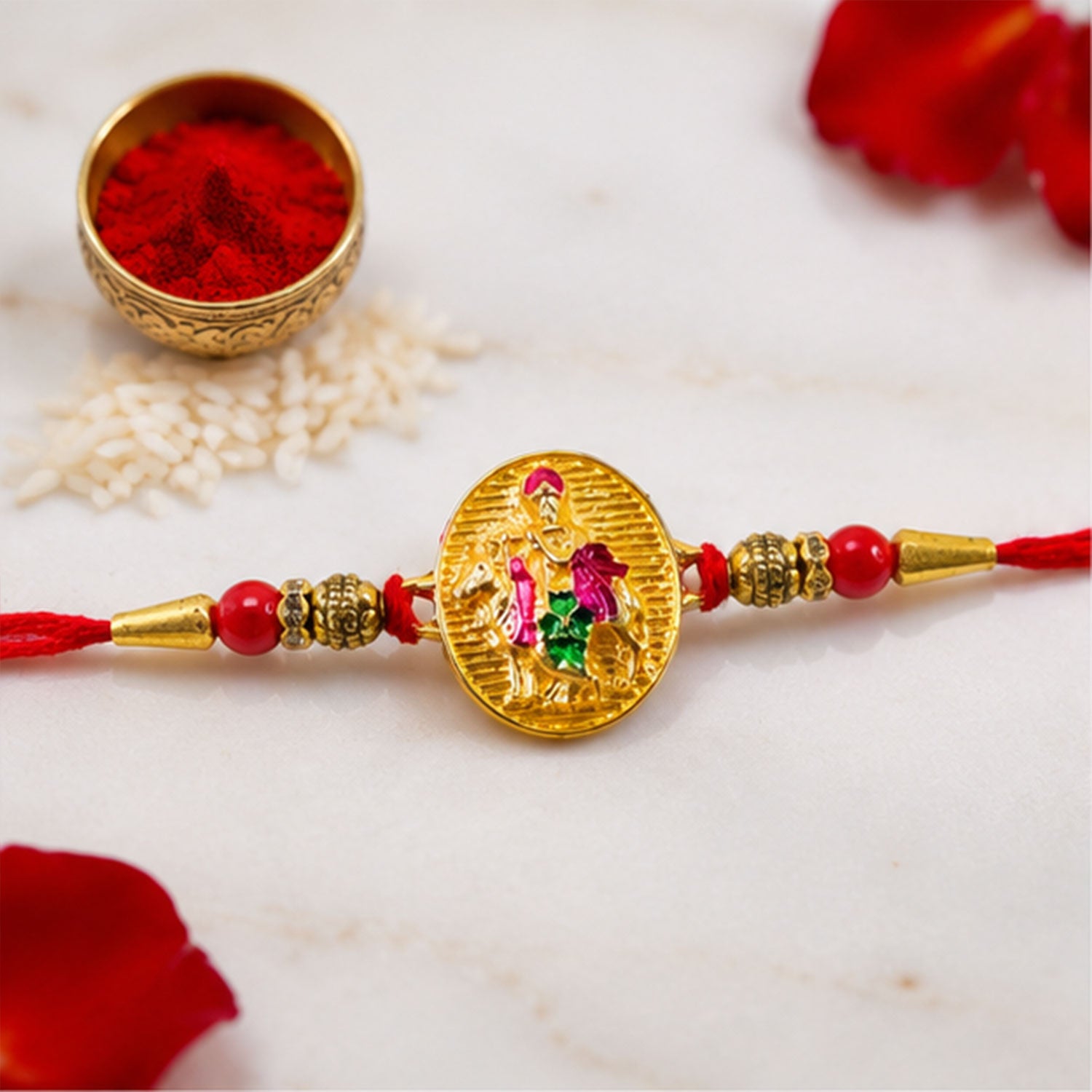 Dwarkadhish Krishna Gold Coin Rakhi with Red Beads