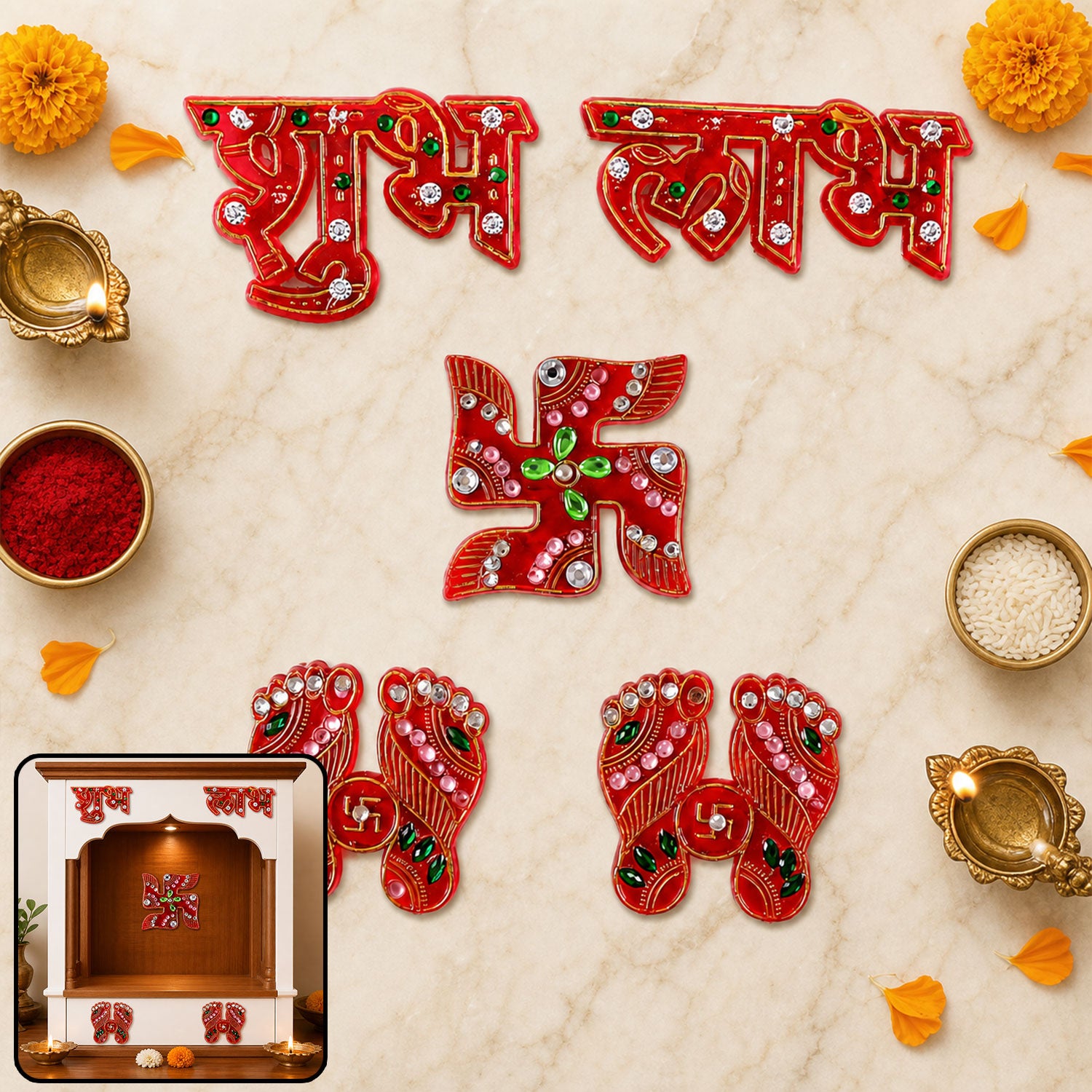 Decorative Shubh Labh Swastik & Lakshmi Footprints Set for Pooja Room & Home Decor