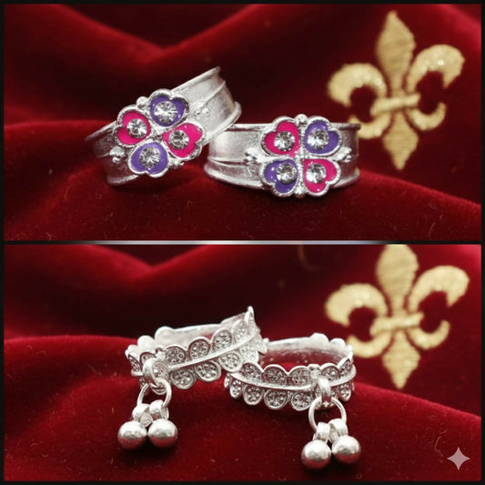 Silver Plated Floral Ghungroo Ghanti Toe Ring Bichiya for woman and girl Combo Pack of 2