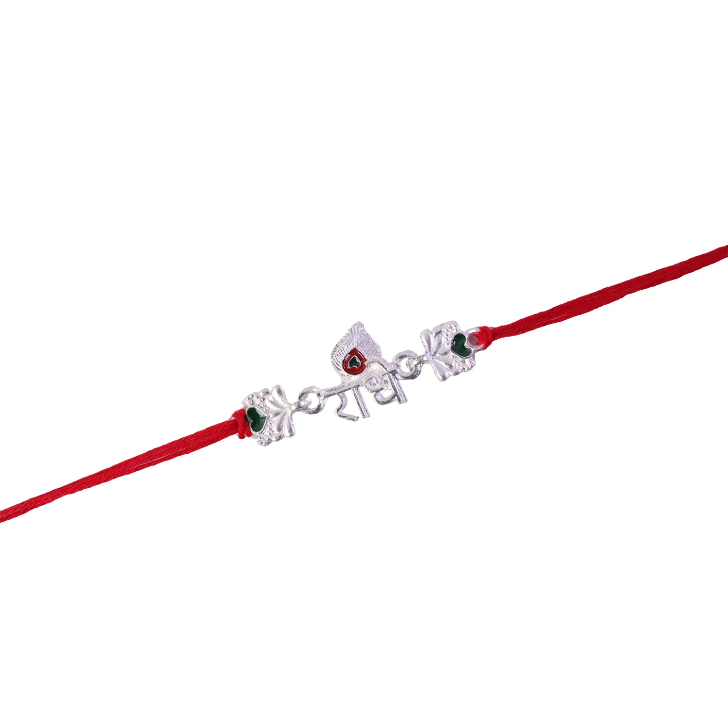 Silver Radhe Morpich Text Rakhi with Green Stones and Red Thread