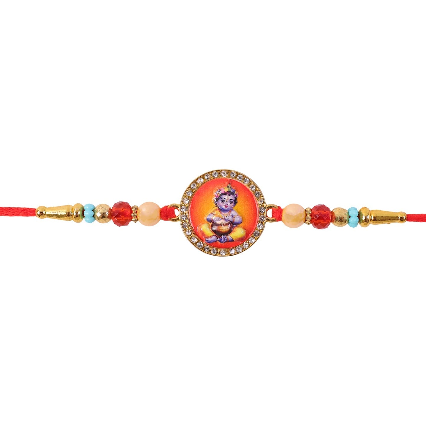 Bal Krishna Photo Round Beaded Traditional Rakhi for Brother (5pcs)