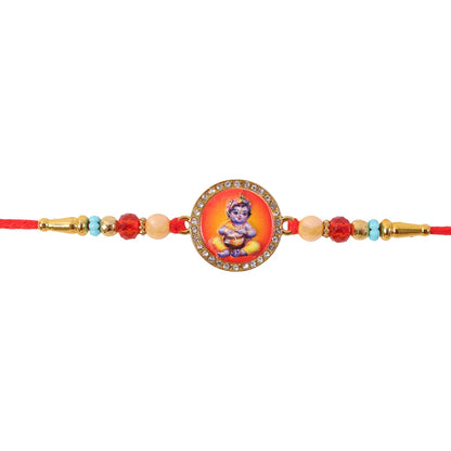 Bal Krishna Photo Round Beaded Traditional Rakhi for Brother (10pcs)