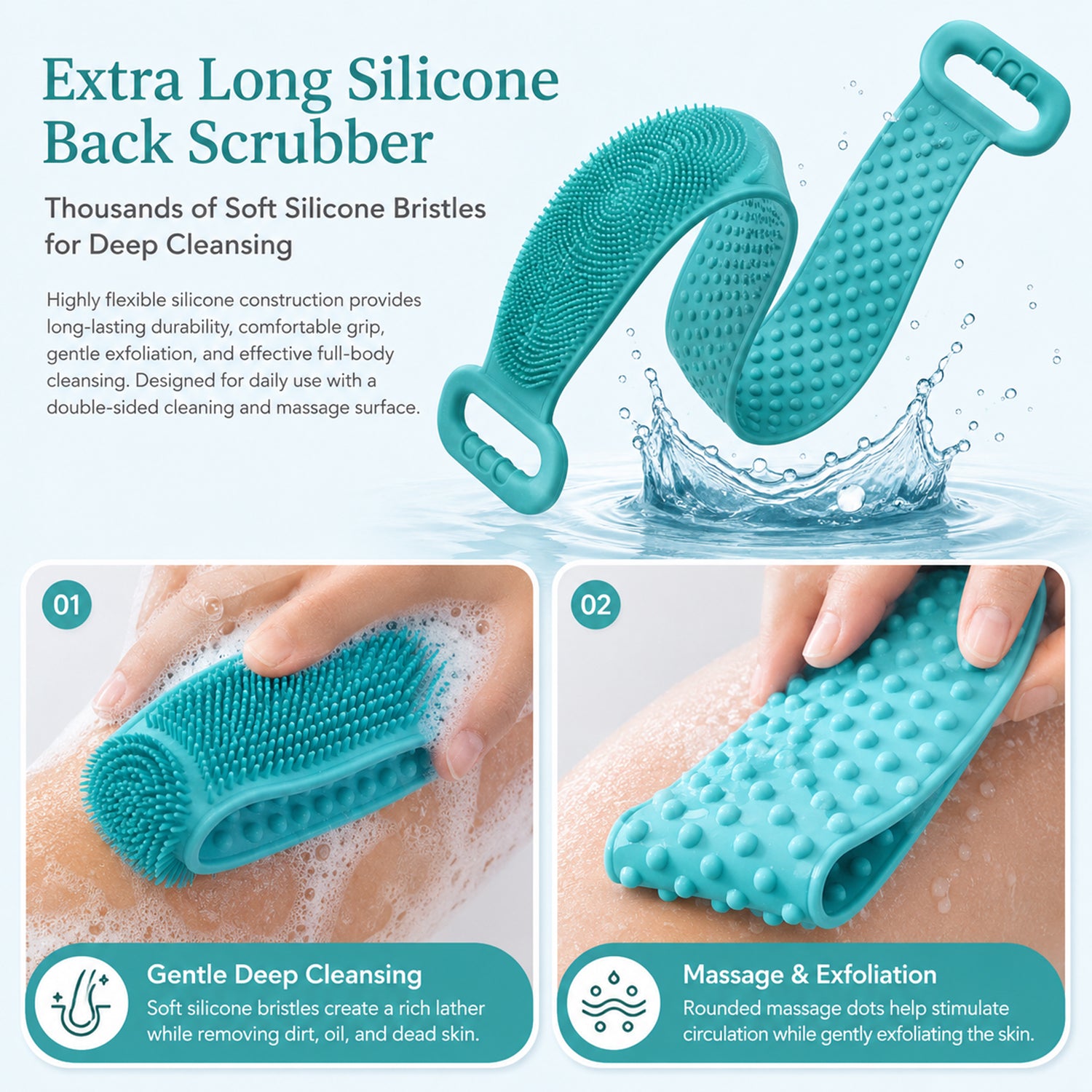 Silicone Body Scrubber Bath Belt Dual Handle Back Exfoliating Strap (1 Pc)