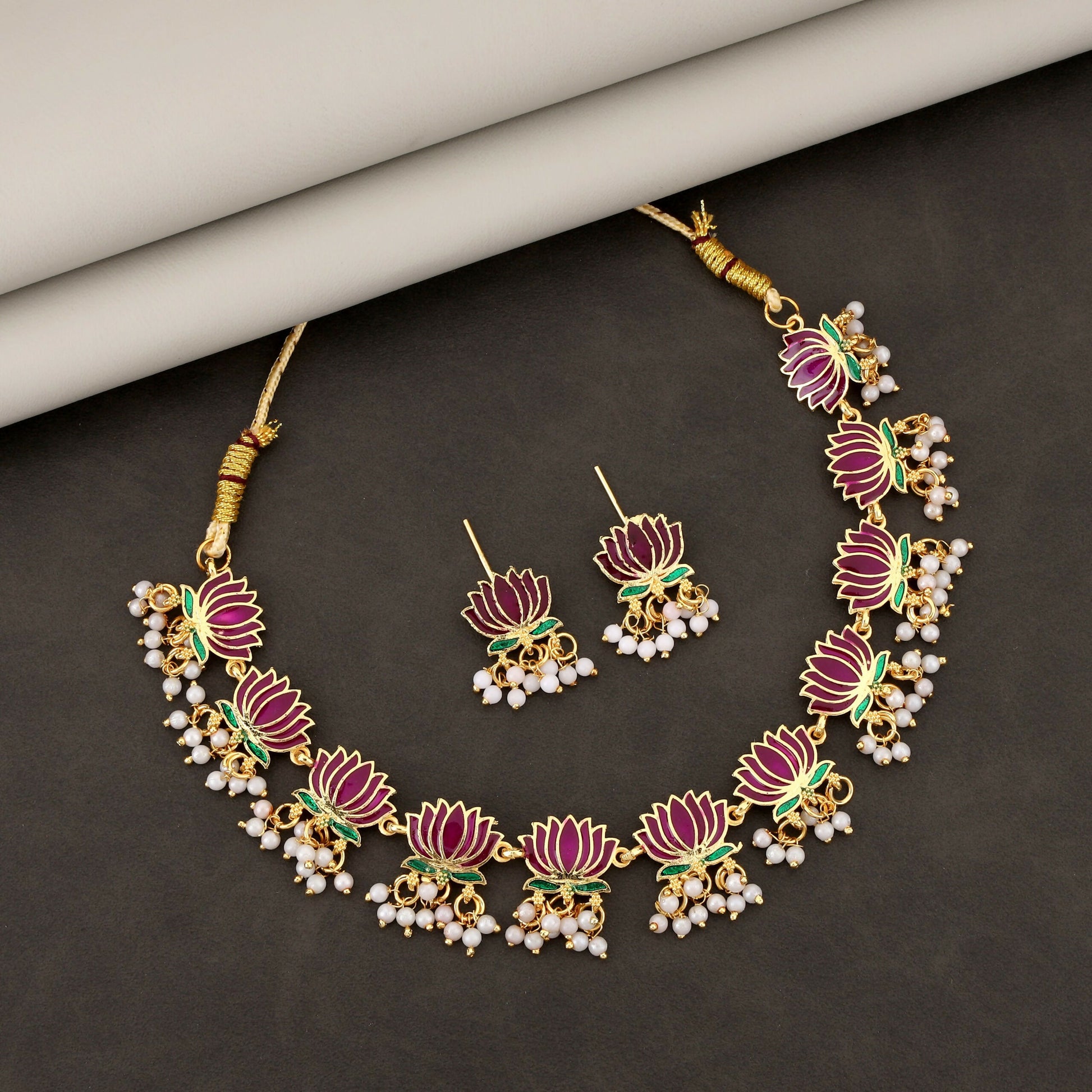 Gold Necklace with Purple Green Lotus & White Beads Pendant for Women Stylish Jewelry