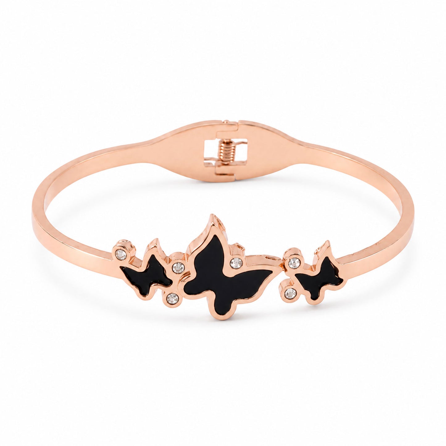 Rose Gold Round Dial Watch with Black Butterfly Shape Bracelet for Women