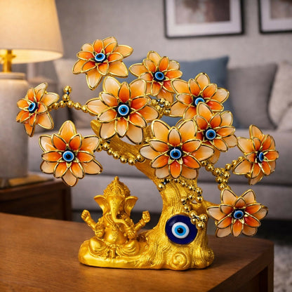 Golden Ganesha Tree Showpiece with Evil Eye for Home Décor & Gift