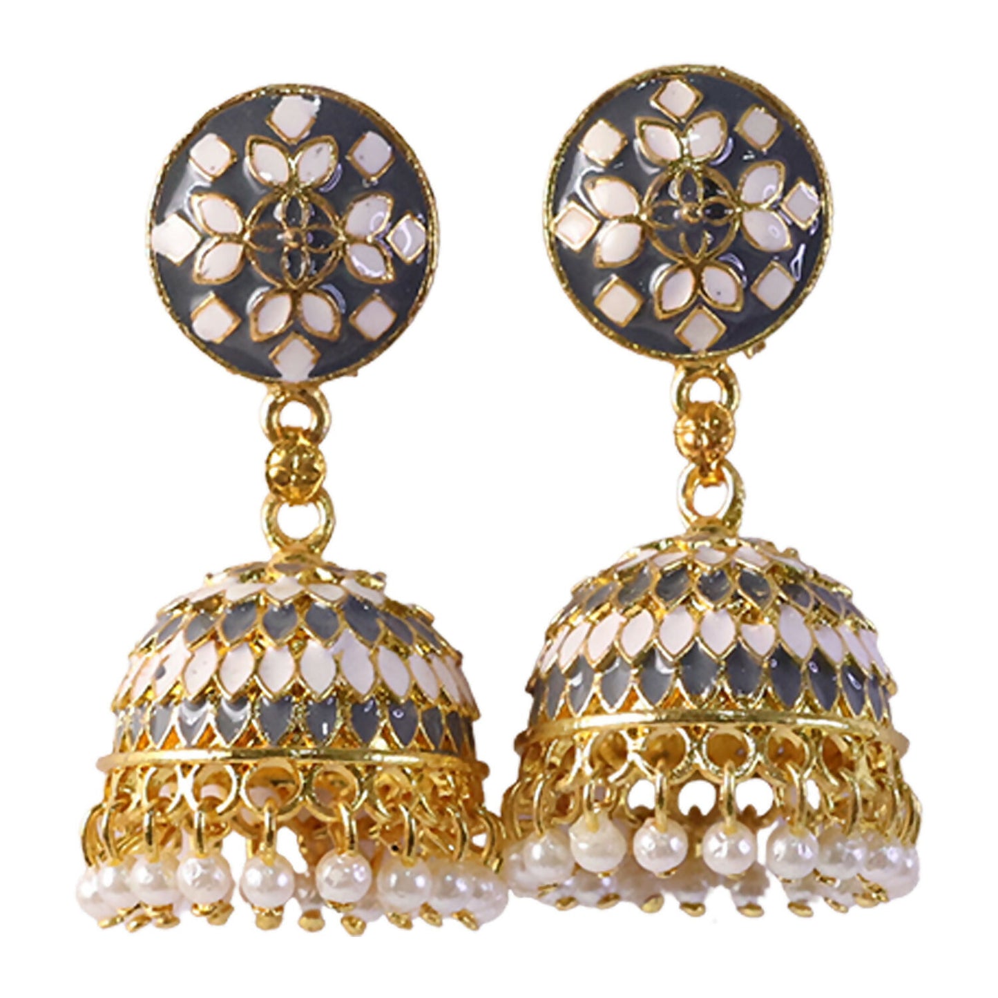 Grey chandbali earrings with gold-tone borders and pearl drops