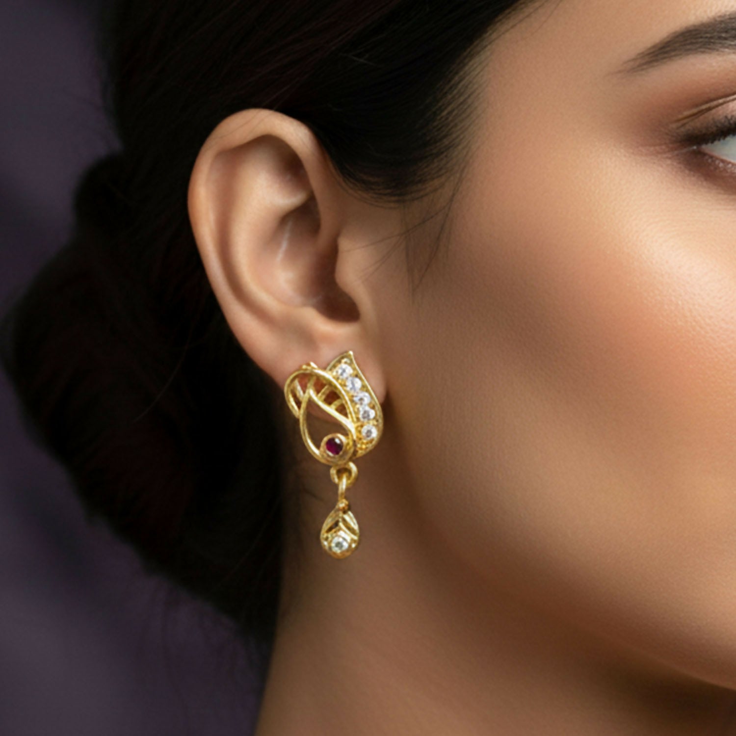 Elegant Gold Plated Stud Earrings with Ruby Accent & Drop Design