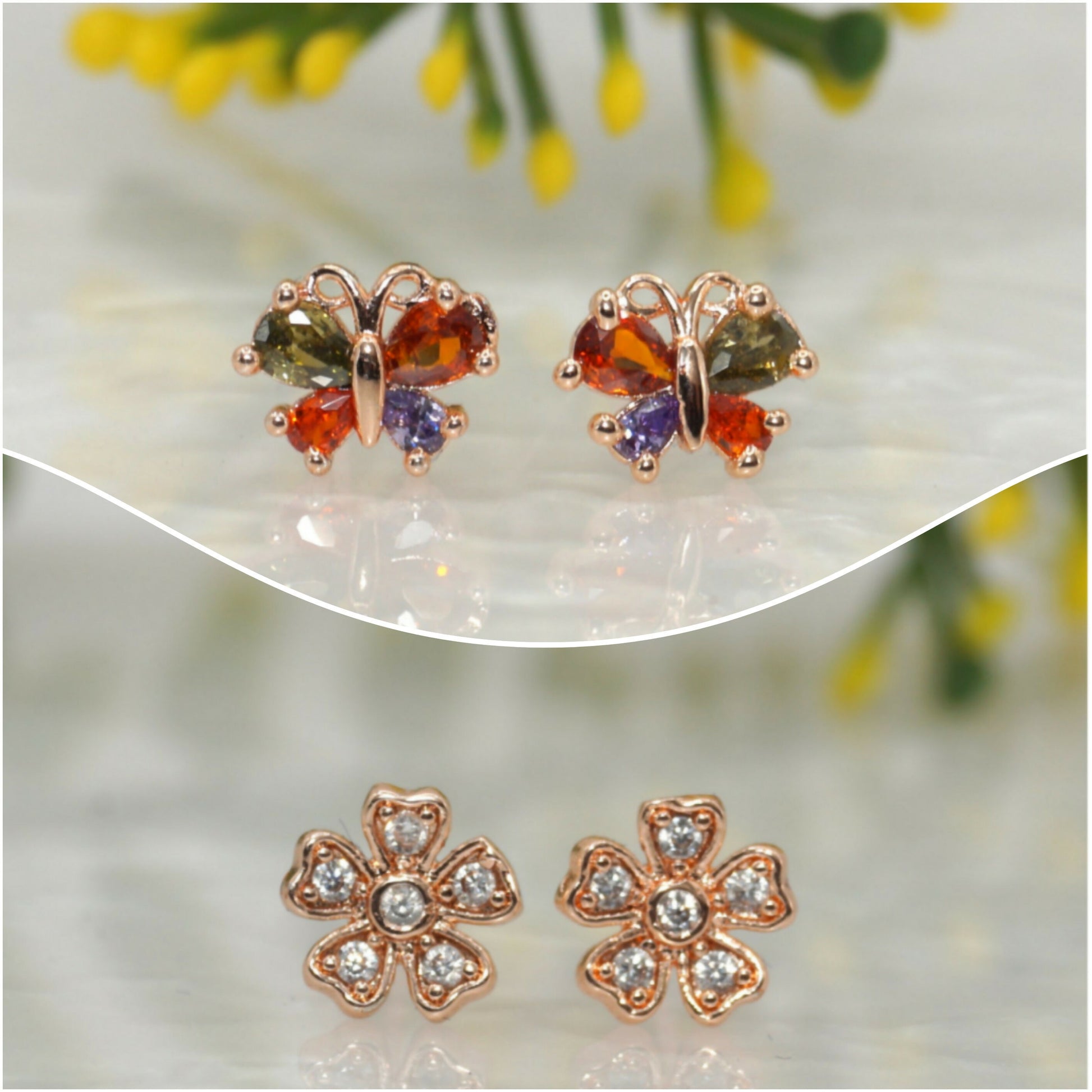 Rose gold plated butterfly stud earrings with multicolor cubic zirconia stones
