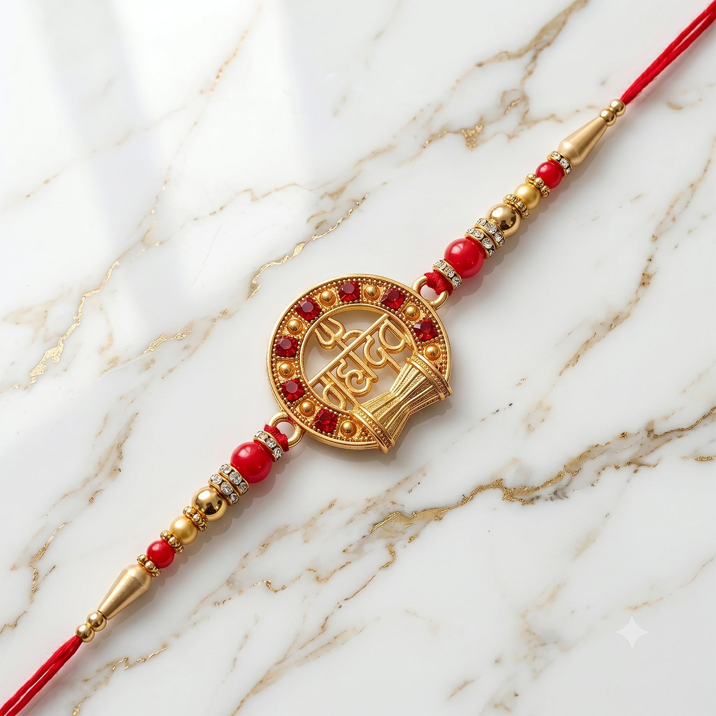 Mahadev Trishul Damru Round Rakhi with Red Pearls and Premium Center