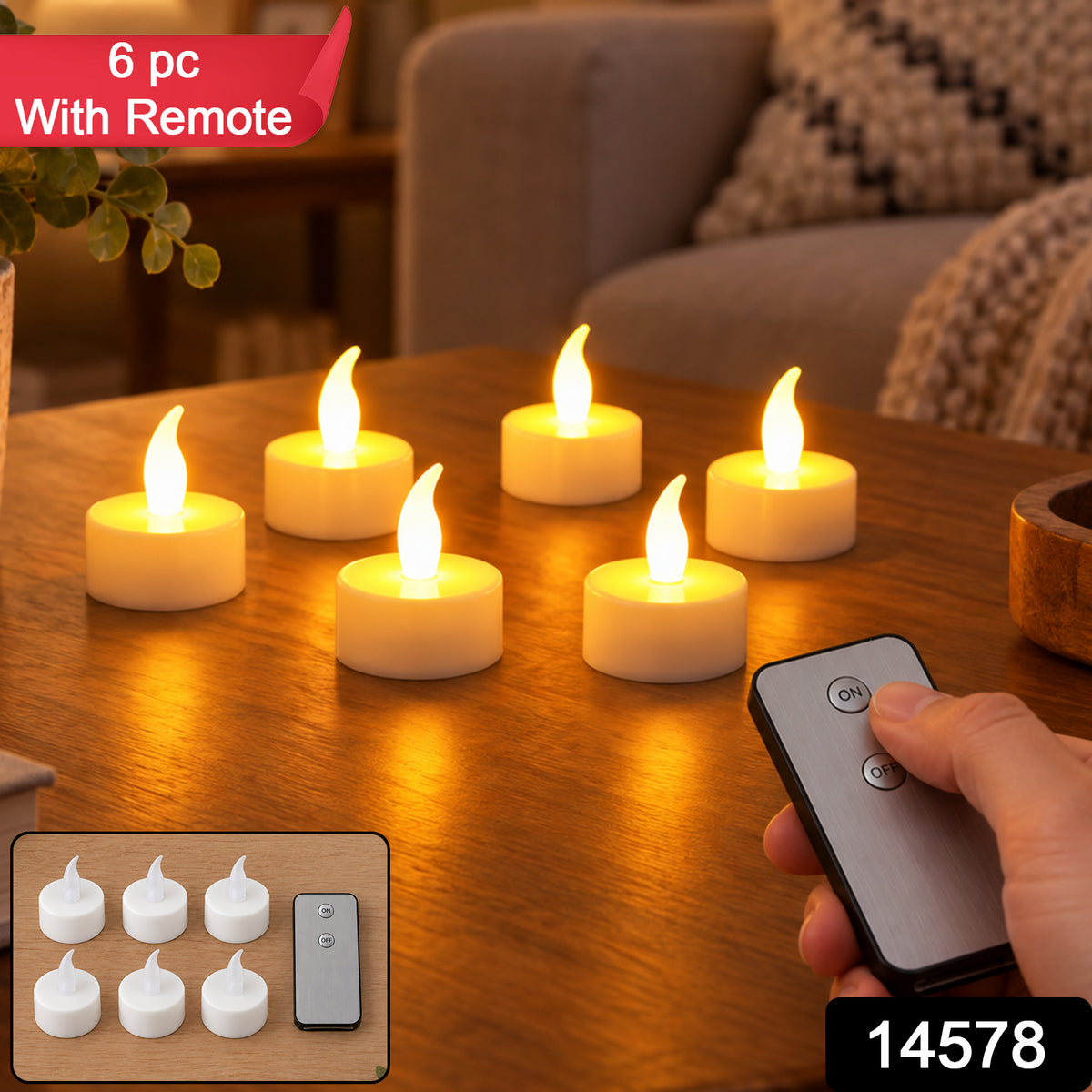 Six white LED flameless candles glowing on a wooden table with a hand holding a remote control, with product labels.