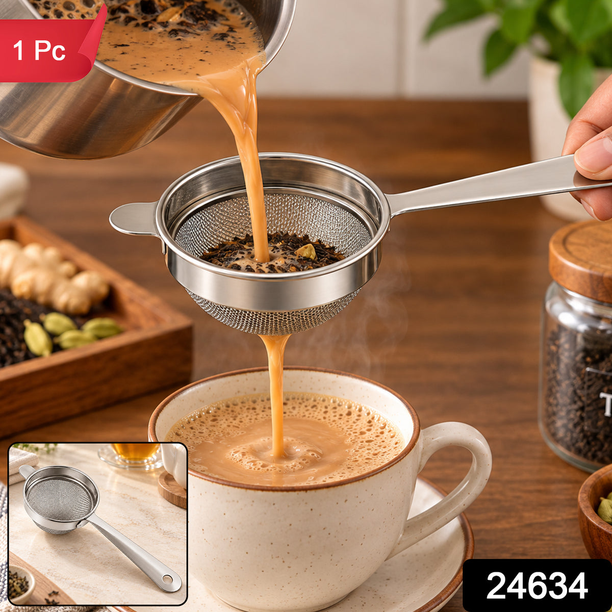 Apex Stainless Steel Tea Strainer with Long Handle, Fine Mesh Chai Chalni (1 Pc)