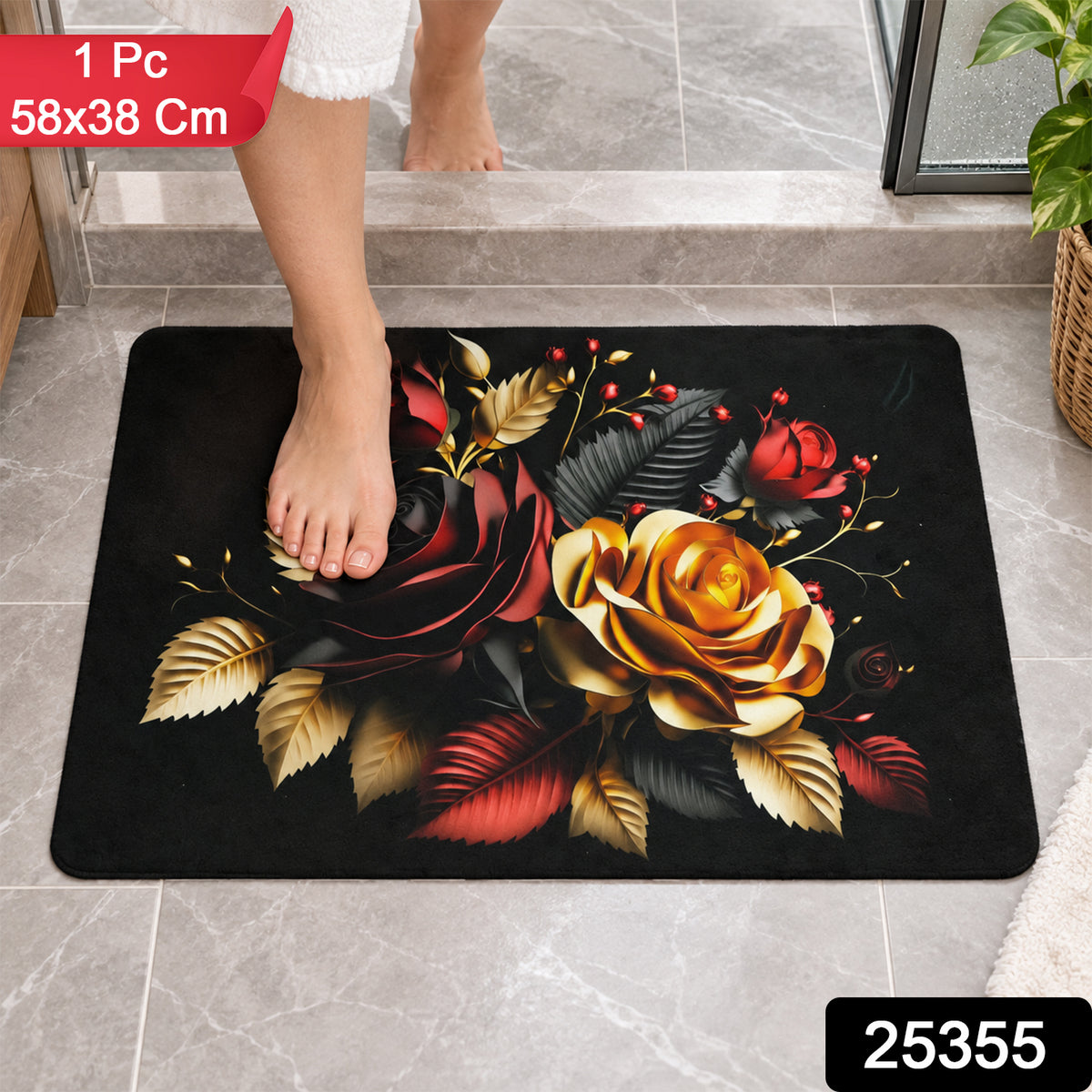 Decorative Floral Rose Print Bathroom Floor Mat for Indoor Use (1 Pc, 58x38 Cm)