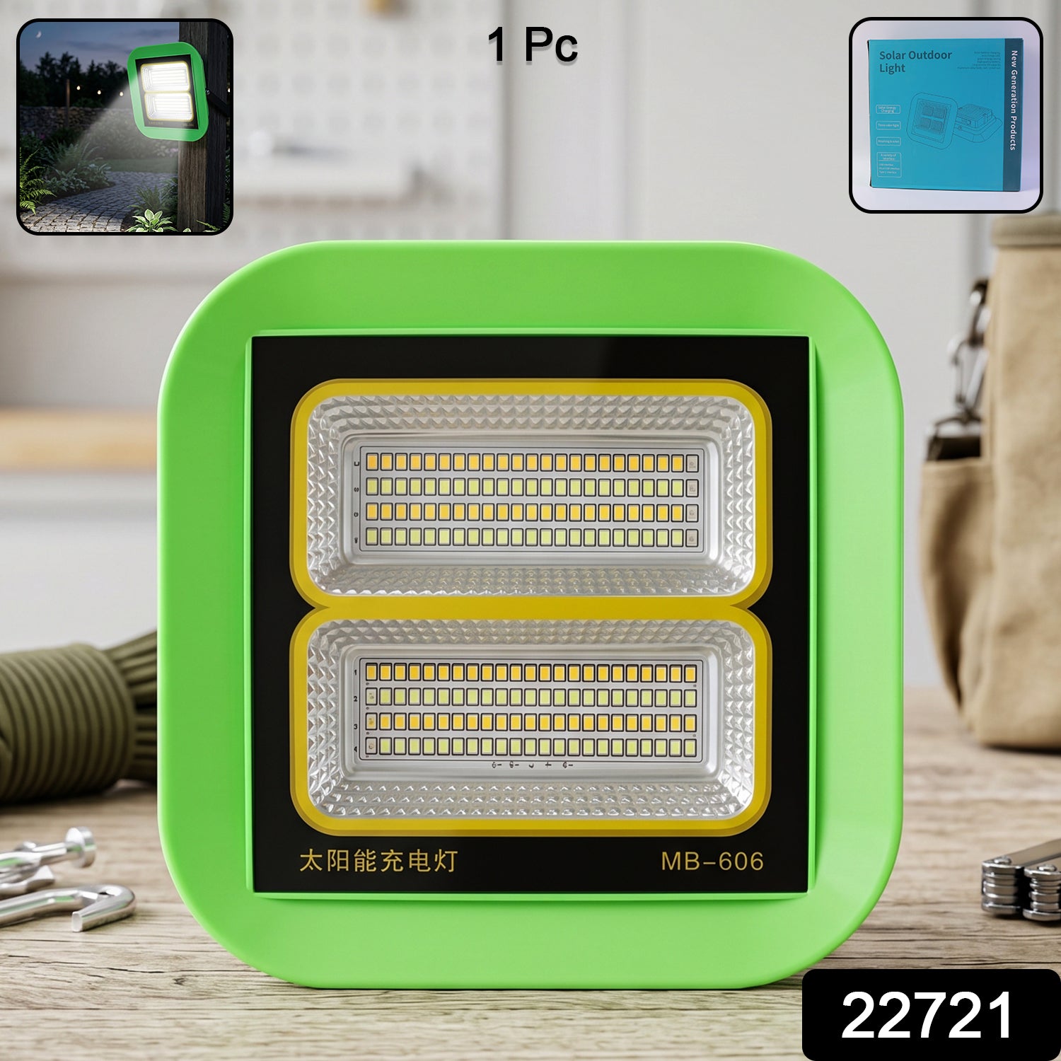 Portable LED flood light in outdoor setting showing three colour modes