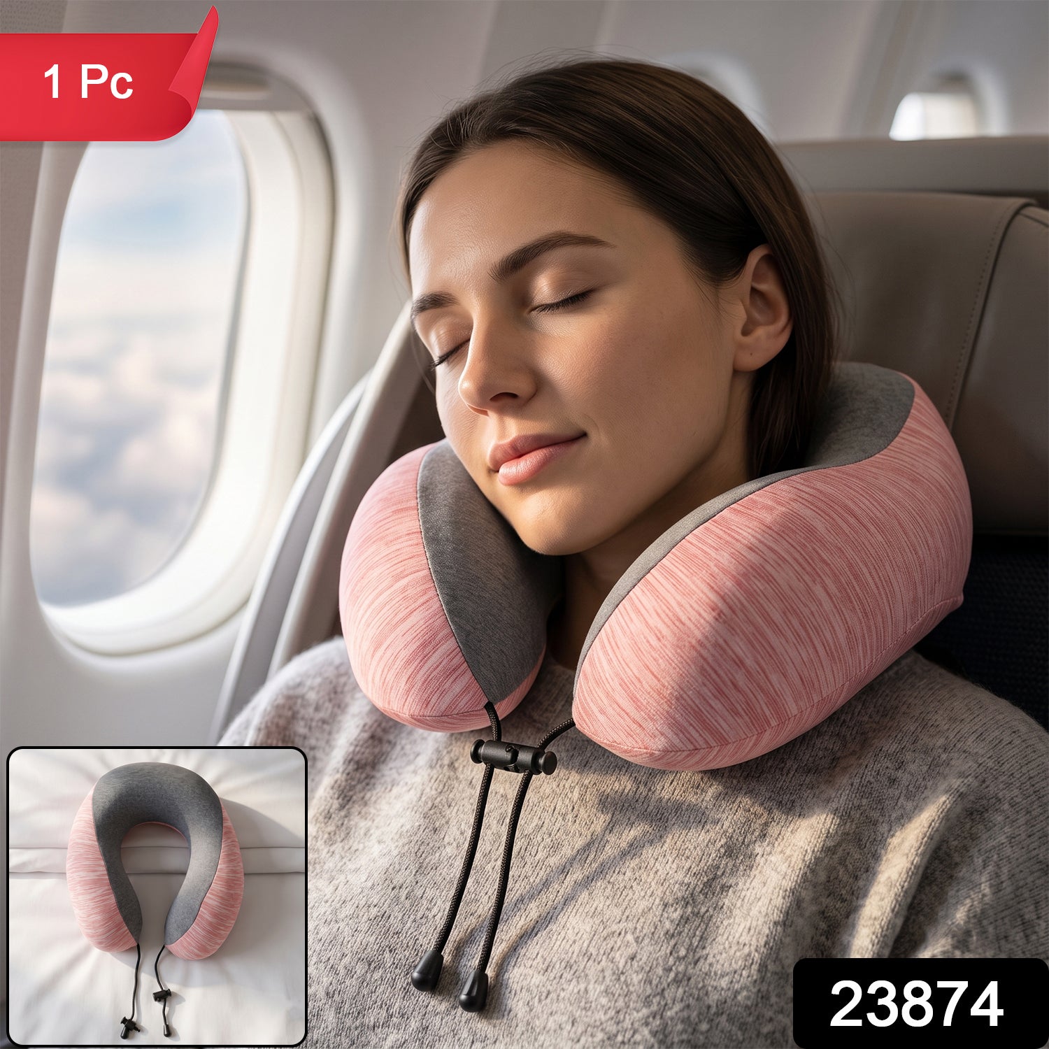 U Shaped Travel Neck Pillow Pink Grey with Drawstring Toggle (1 Pc)