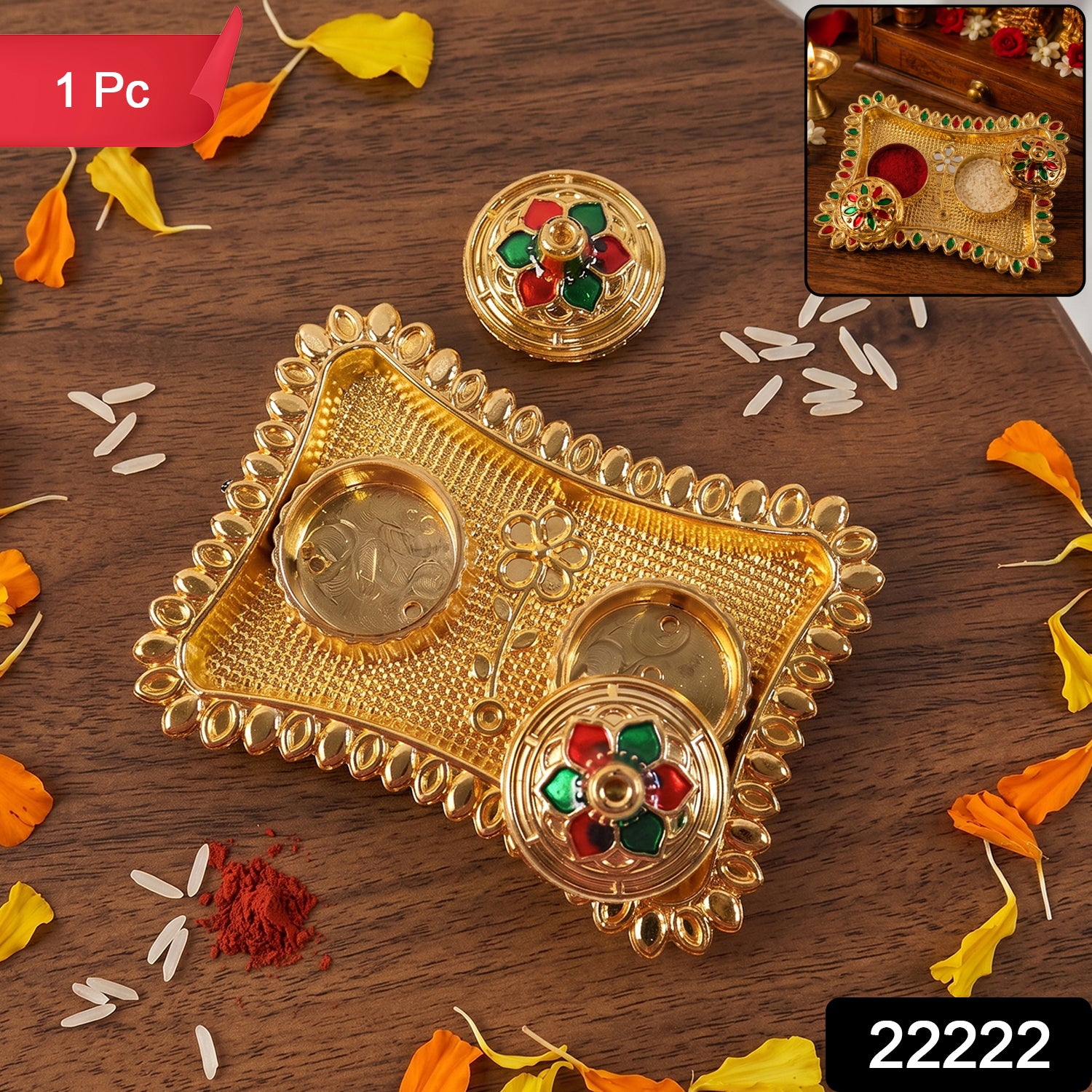 Decorative rectangular kumkum holder with colorful meenakari flower lids
