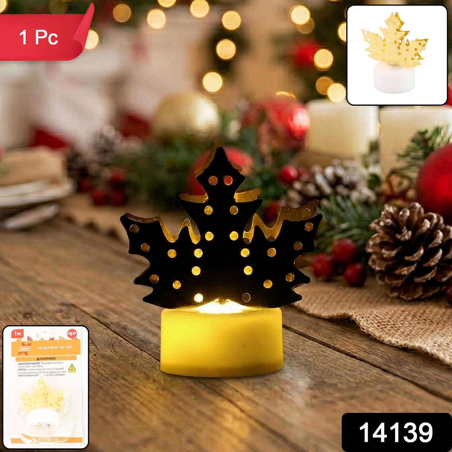 Christmas Decorative LED Gold Metal Leaf Diya Lamp, Diwali (1 Pc)