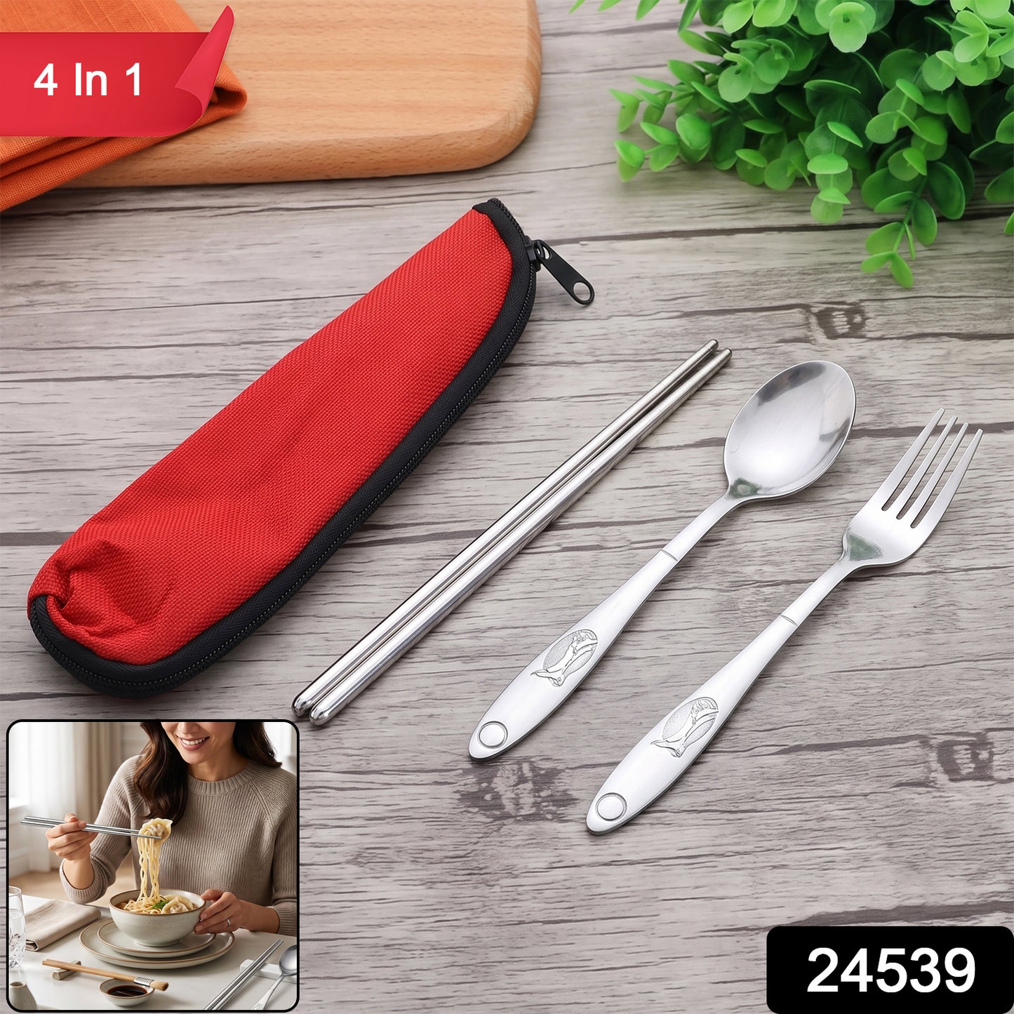 Portable Stainless Steel Cutlery Set Spoon Fork Chopsticks with Pouch (4 Pc Set)
