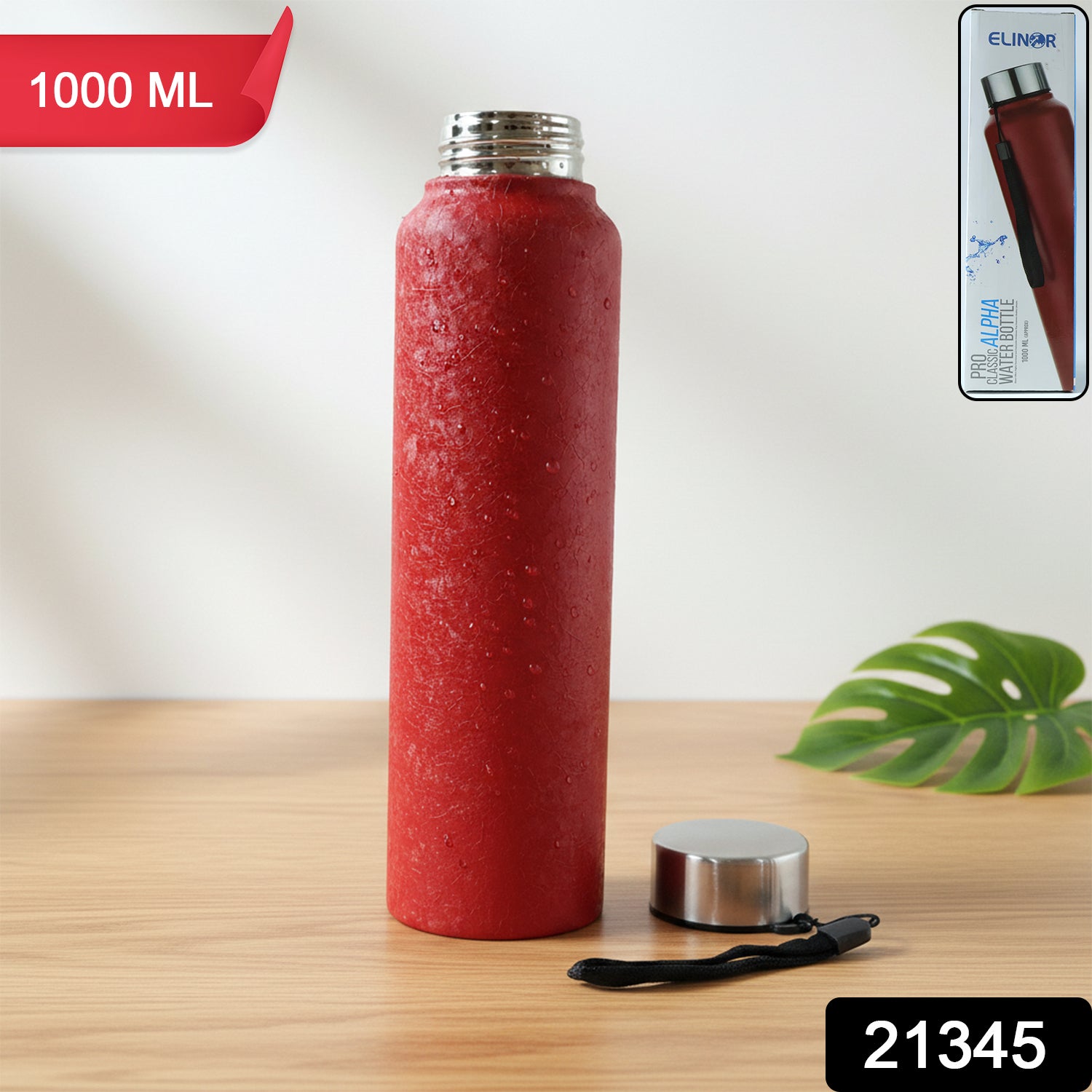 Red water bottle angled side view