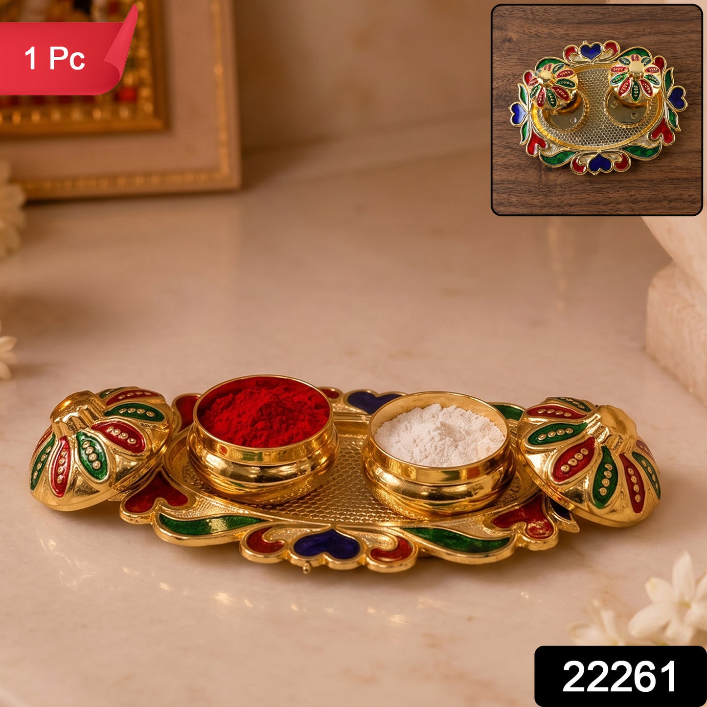 Decorative Kankavati Kumkum Holder, Golden Enamel Pooja Thali with Bowls (1 Pc)