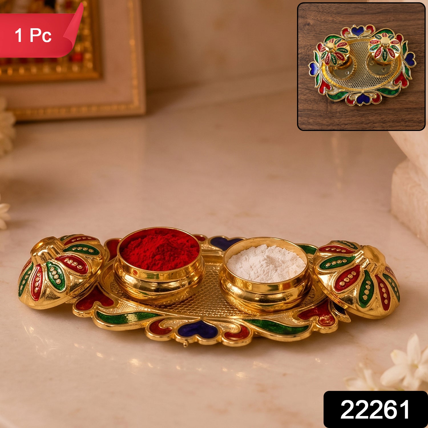Decorative Kankavati Kumkum Holder, Golden Enamel Pooja Thali with Bowls (1 Pc)