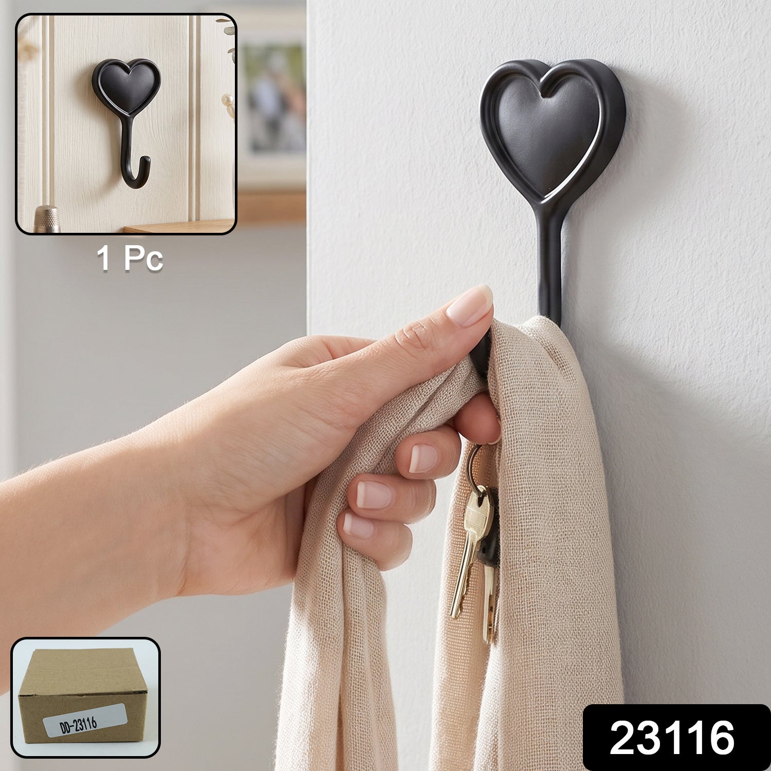 Heavy Duty Self Adhesive Wall Hook Heart Shape Key and Scarf Hanger (1 Pc)