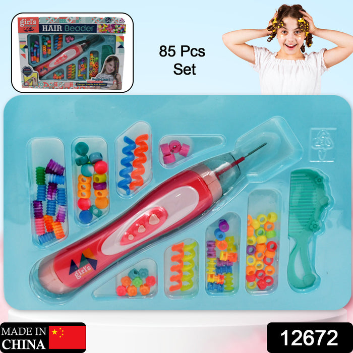 Hair Styling Clasp Clips Twisting Stringing Beads Kit for Girls, Portable Hair Braider Machine,Hairstyle Braid Kit DIY Hair Styling Tool with Comb, Rubber, Button Beads and Beads (85 Pcs Set)