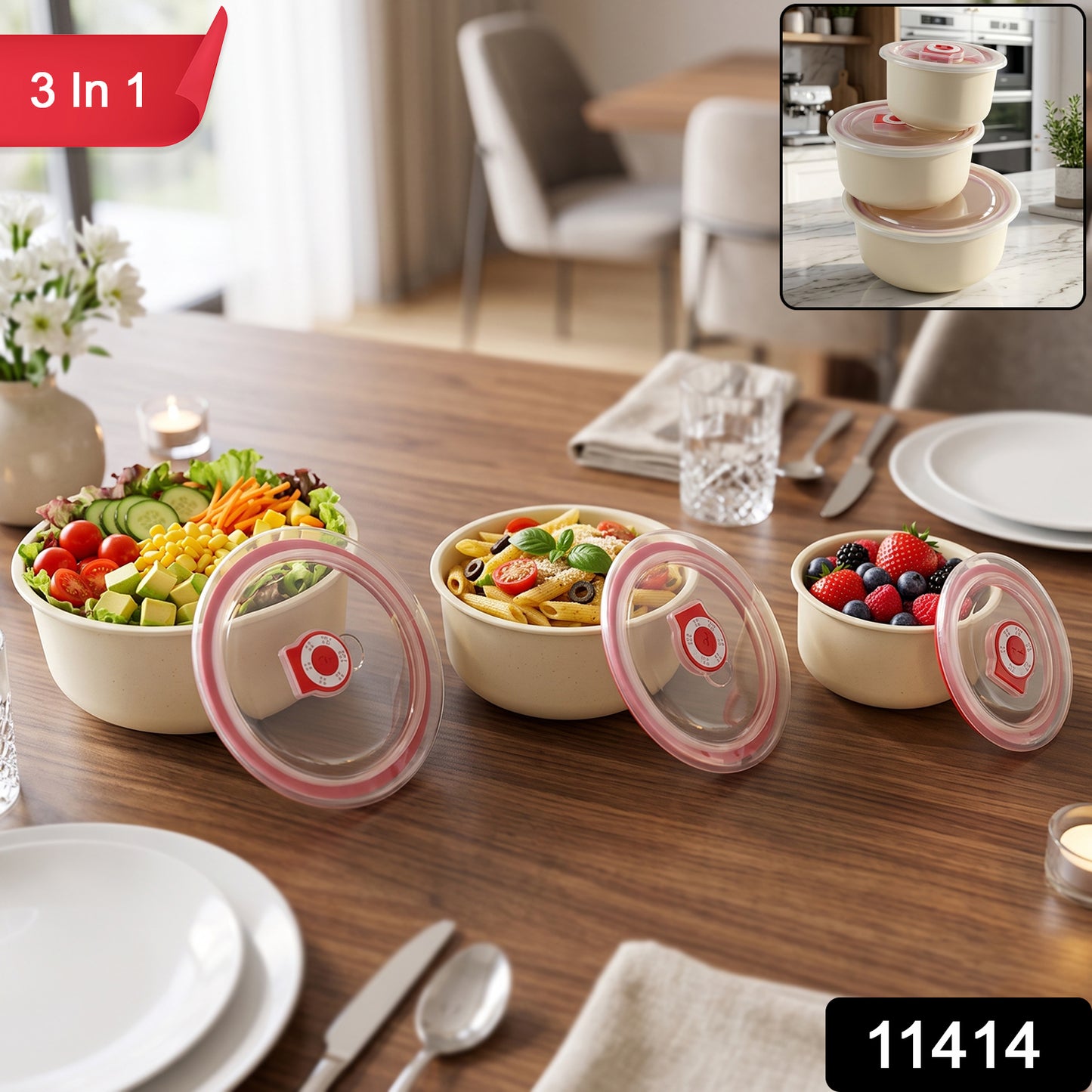 Multipurpose Plastic Bowl Set with Vented Lids for Kitchen Storage (3 Pc Set)