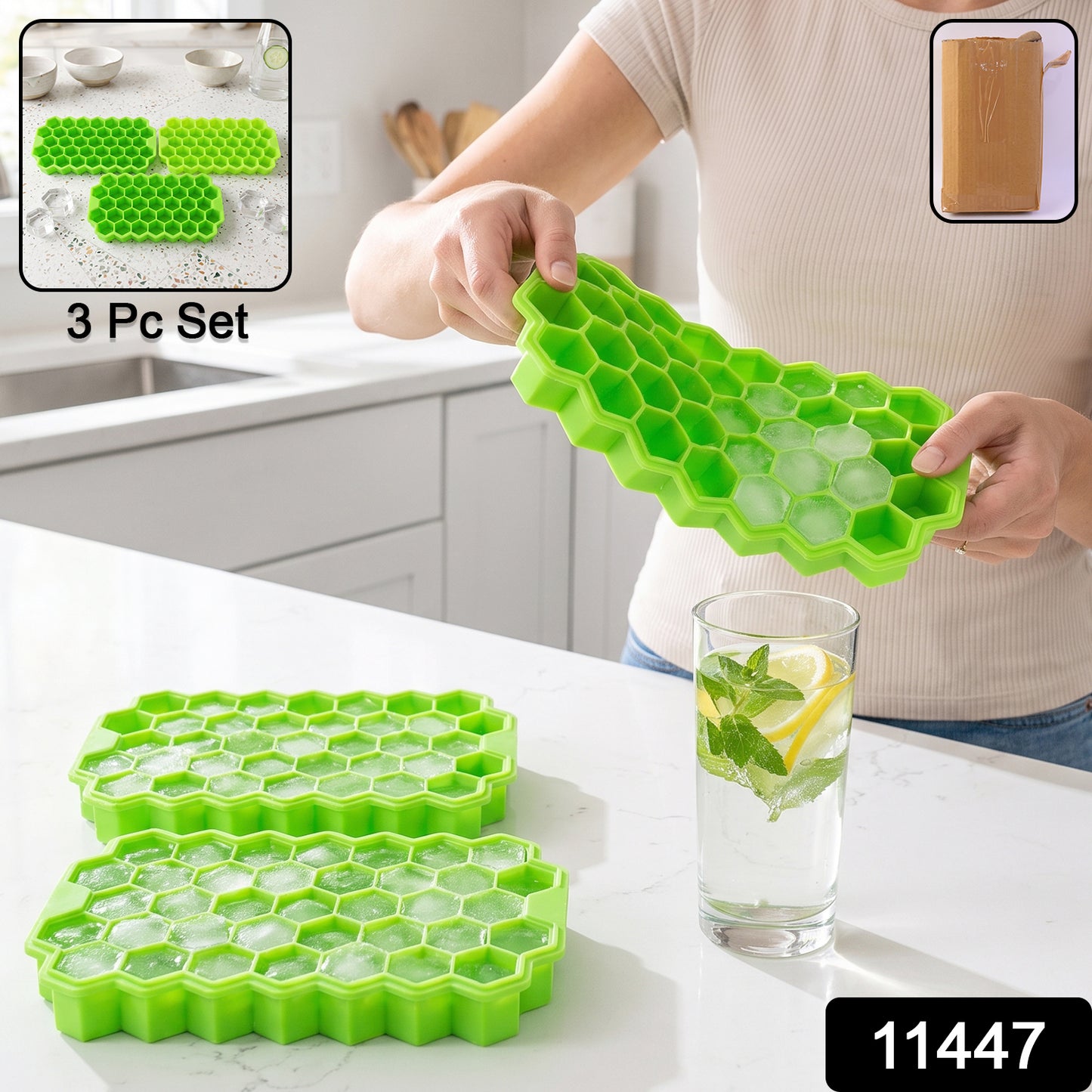 Silicone Honeycomb Ice Cube Tray 37 Cavity Flexible Mould for Freezer (3 Pc Set) view 2