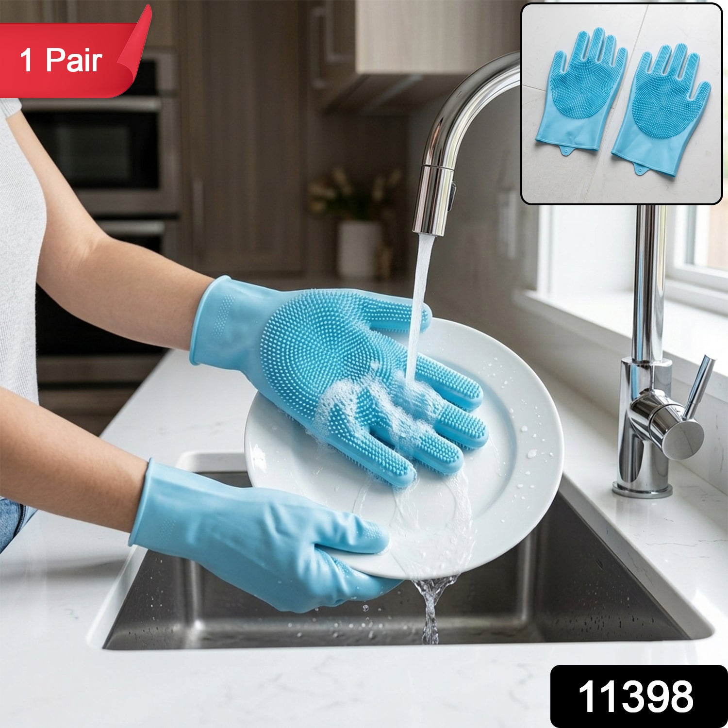 Reusable Silicone Cleaning Gloves with Scrubber Bristles for Kitchen (1 Pair)