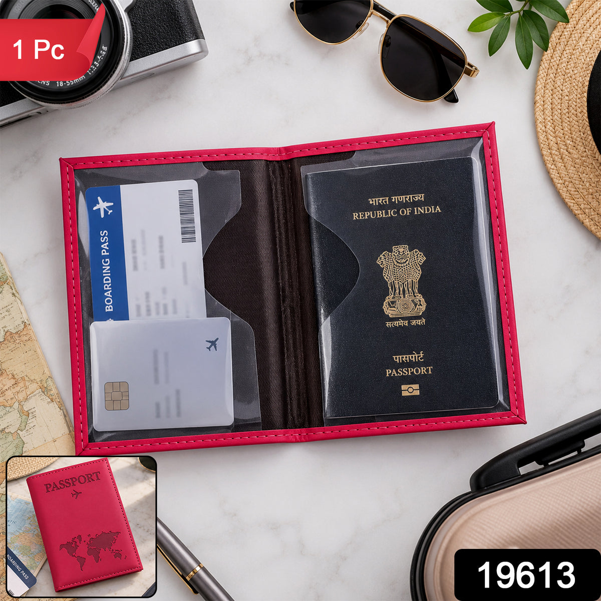 Open pink passport holder displays an Indian passport, boarding pass, and card, with a small inset of a closed holder.