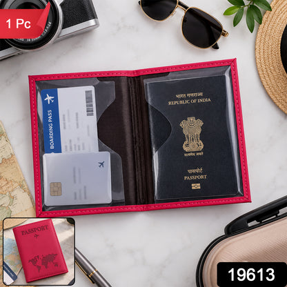 Open pink passport holder displays an Indian passport, boarding pass, and card, with a small inset of a closed holder.