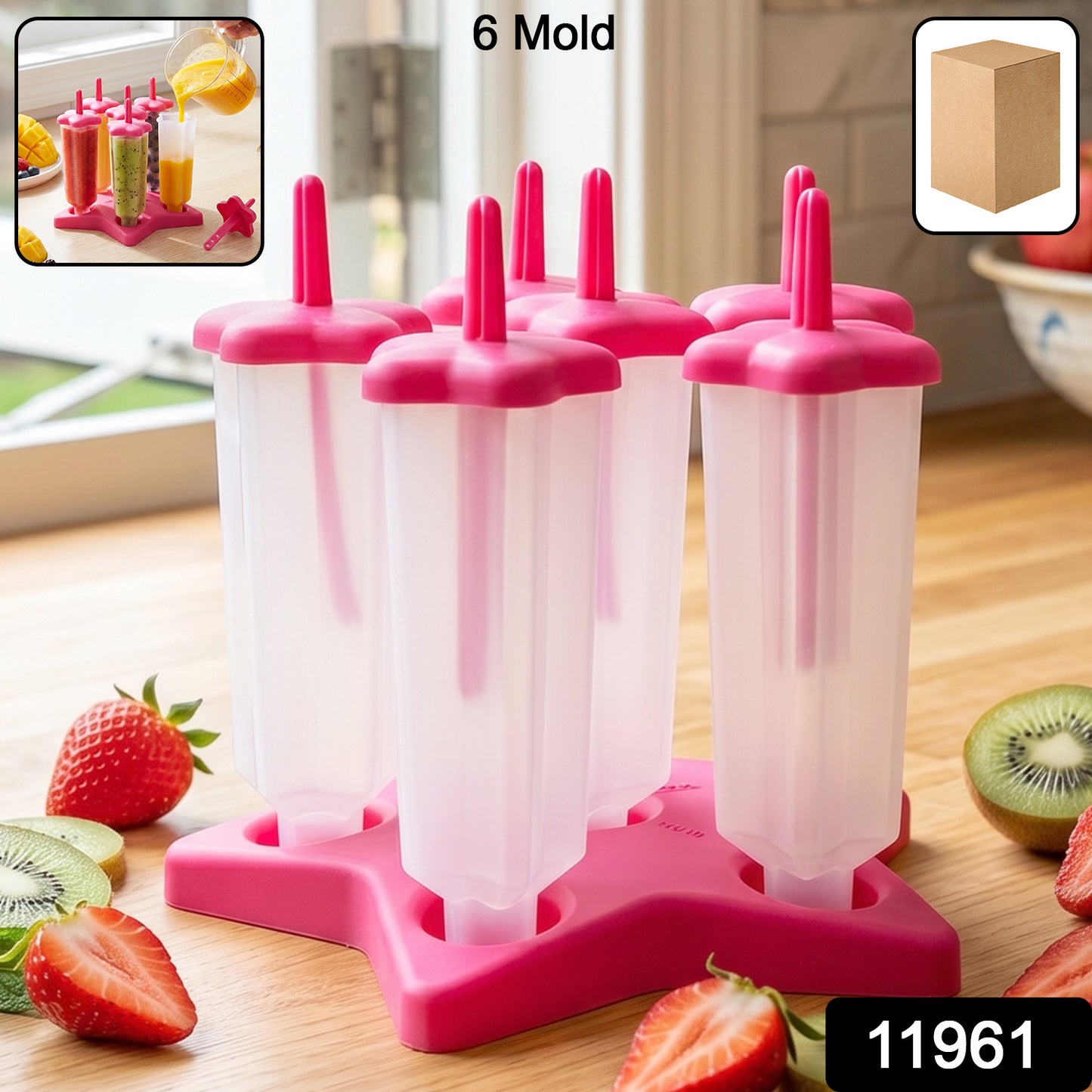 Close-up of plastic popsicle molds filled with juice