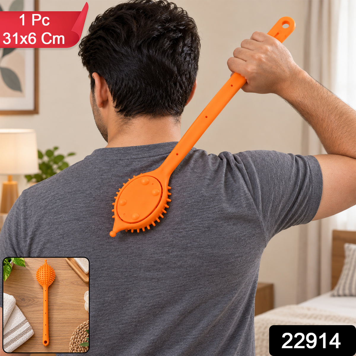 A person uses an orange silicone back scrubber on their back, with an inset showing the scrubber on a wooden surface.